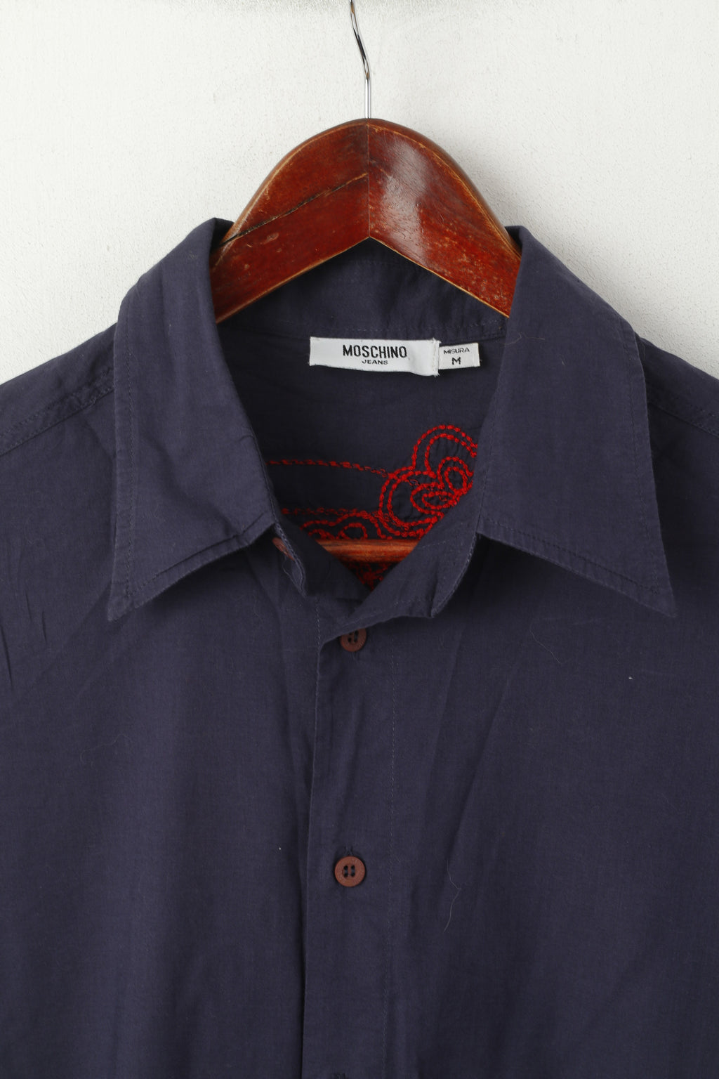 Moschino Jeans Men M Casual Shirt Navy Cotton Emroidered Back Long Sleeve Top