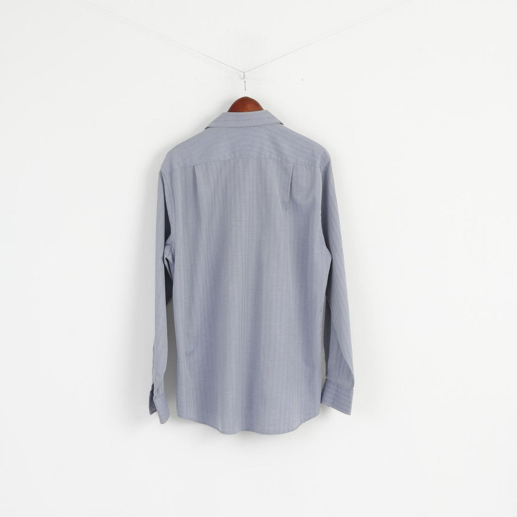 Jaeger Men 16 L Casual Shirt Blue Cotton Striped Long Sleeve Detailed Buttons Top