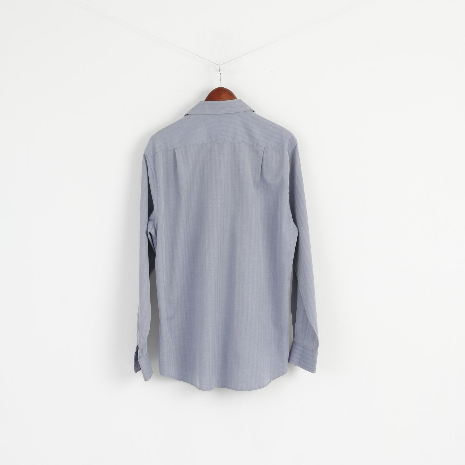 Jaeger Men 16 L Casual Shirt Blue Cotton Striped Long Sleeve Detailed Buttons Top