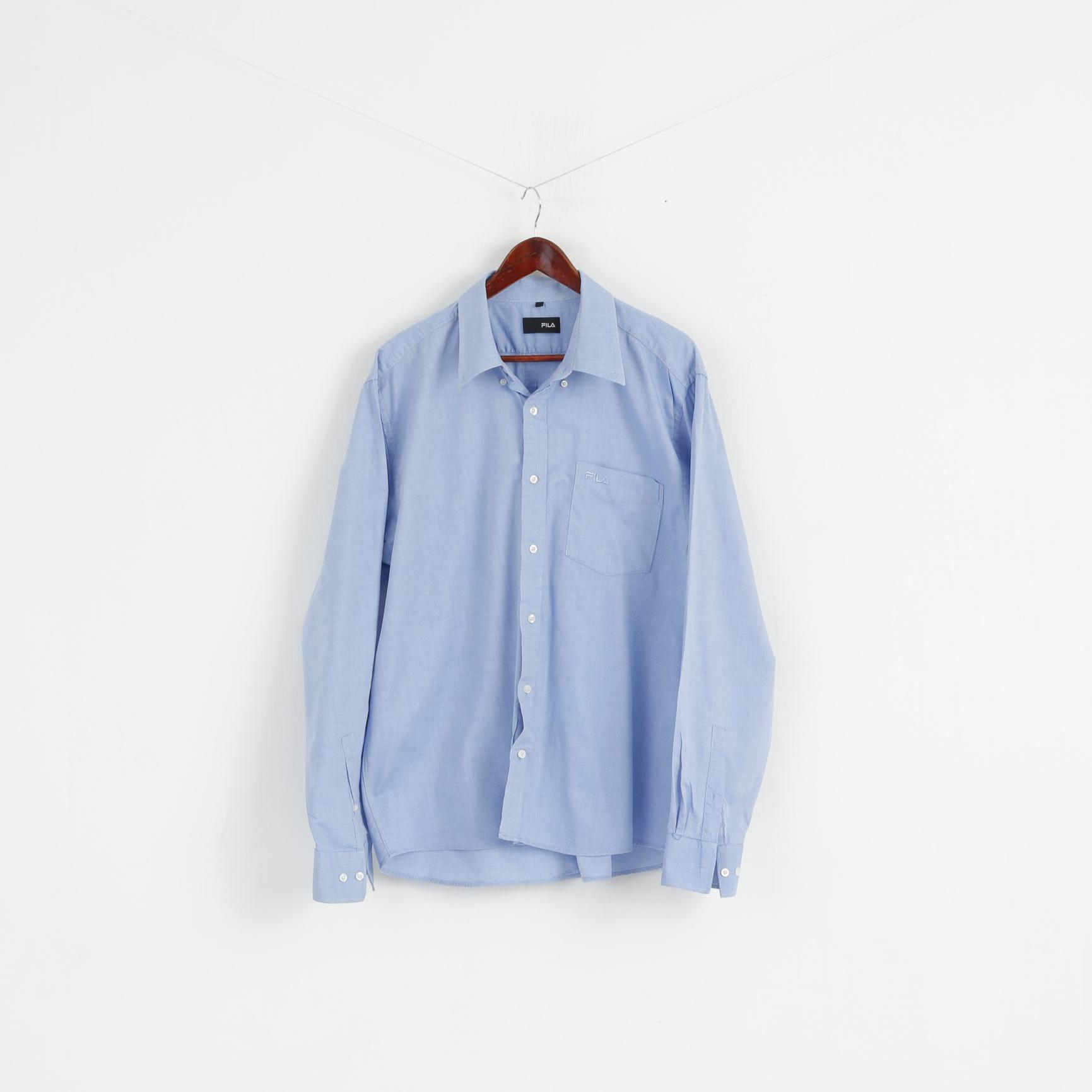 New FILA Men XXL Casual Shirt Blue Cotton Pinpoint Stellar Long Sleeve Classic Top