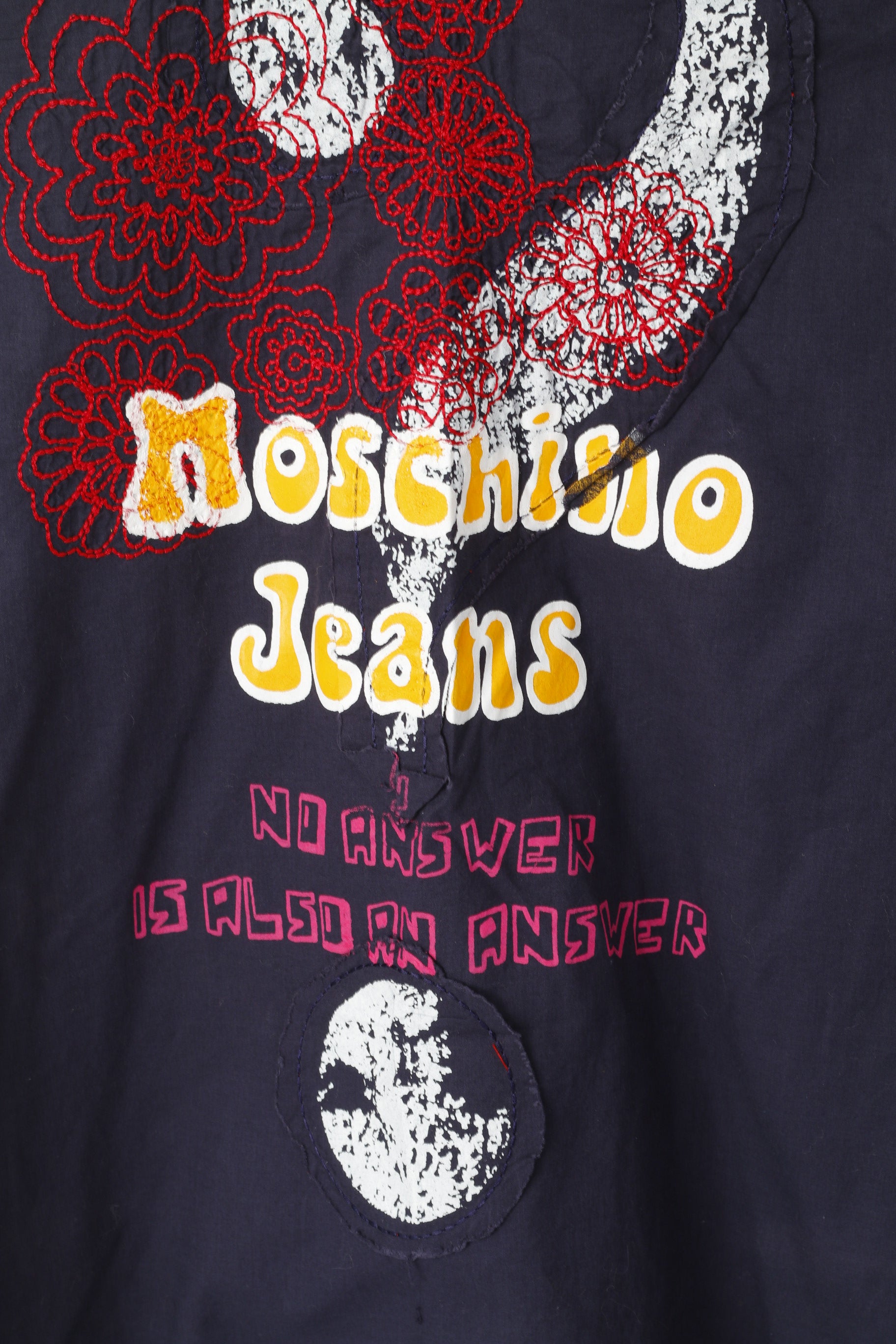Moschino Jeans Men M Casual Shirt Navy Cotton Emroidered Back Long Sleeve Top