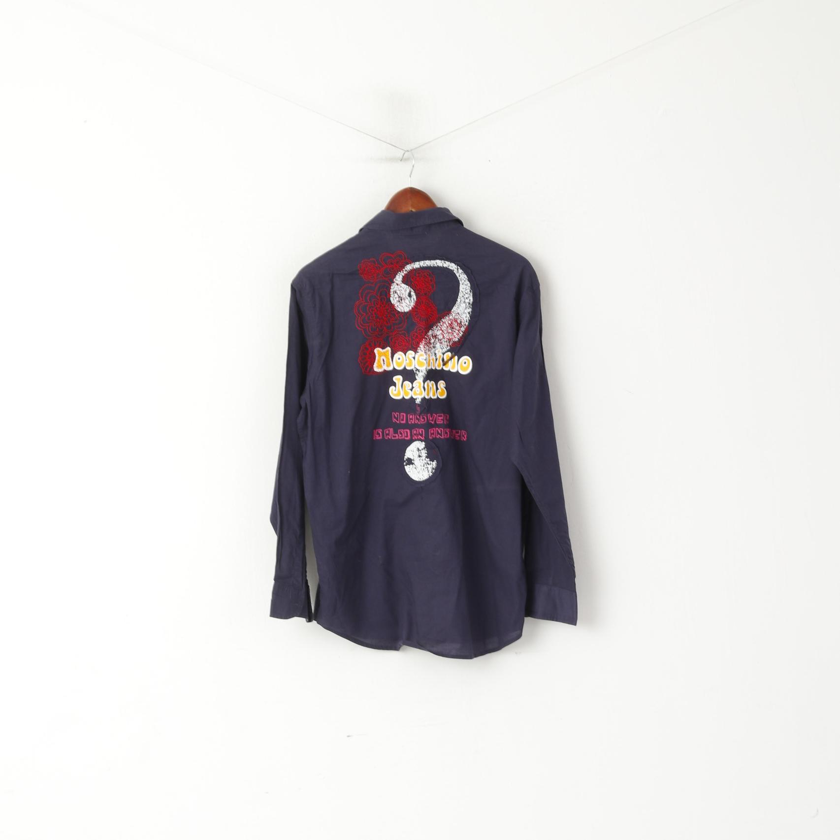 Moschino Jeans Men M Casual Shirt Navy Cotton Emroidered Back Long Sleeve Top