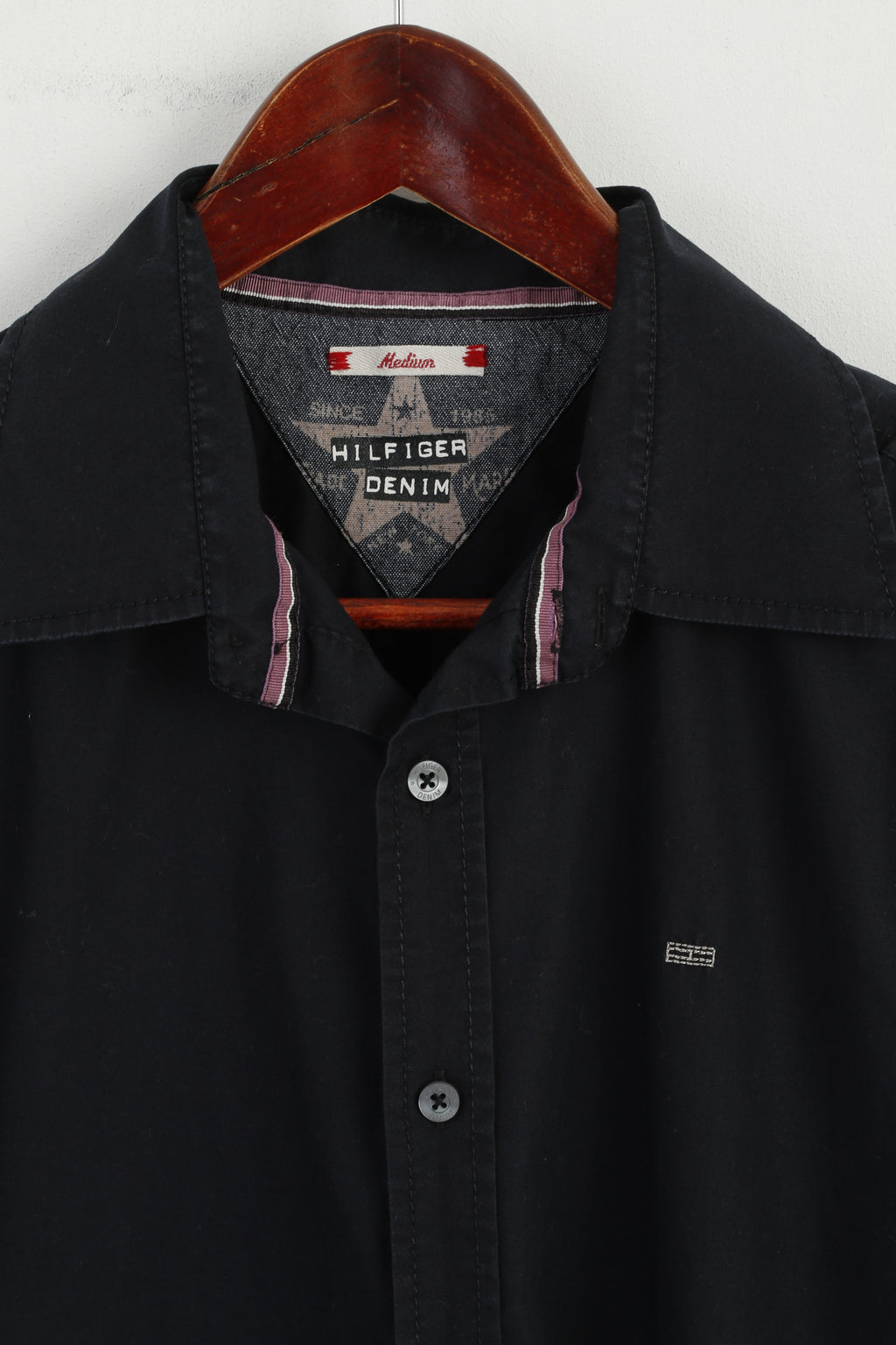Hilfiger Denim Men M Casual Shirt Black Fit Cotton Cuff Long Sleeve Detailed Buttons Top
