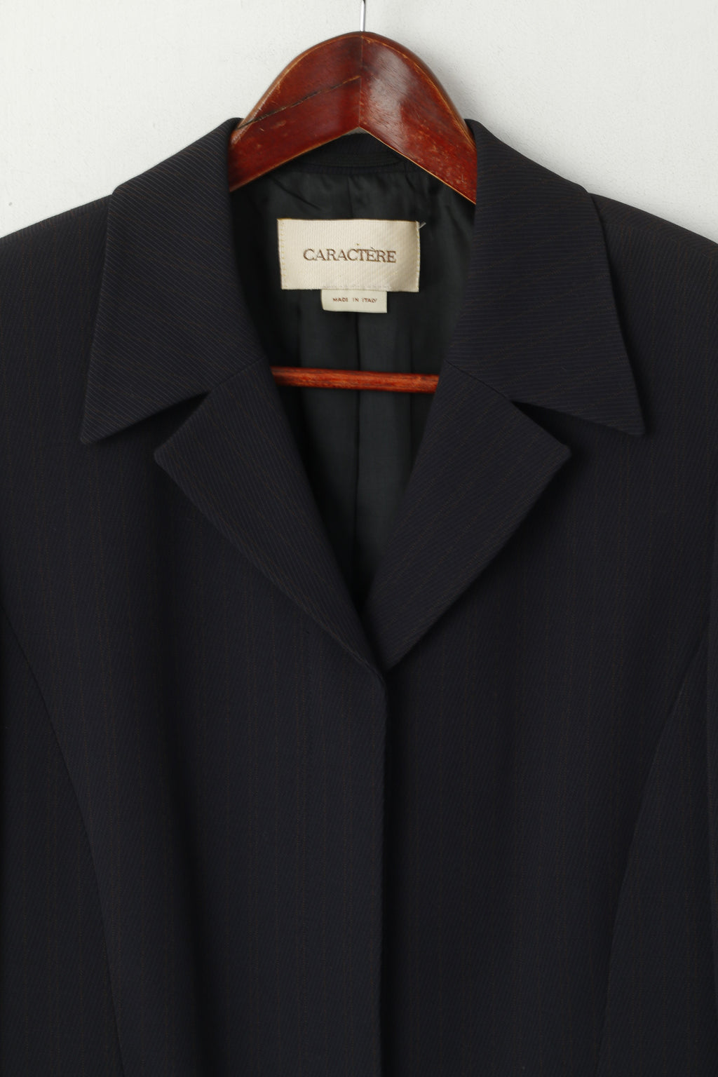 CARACTERE Women 12 38 Long Blazer Navy Striped Vintage Made in Italy Shoulder Pads Jacket