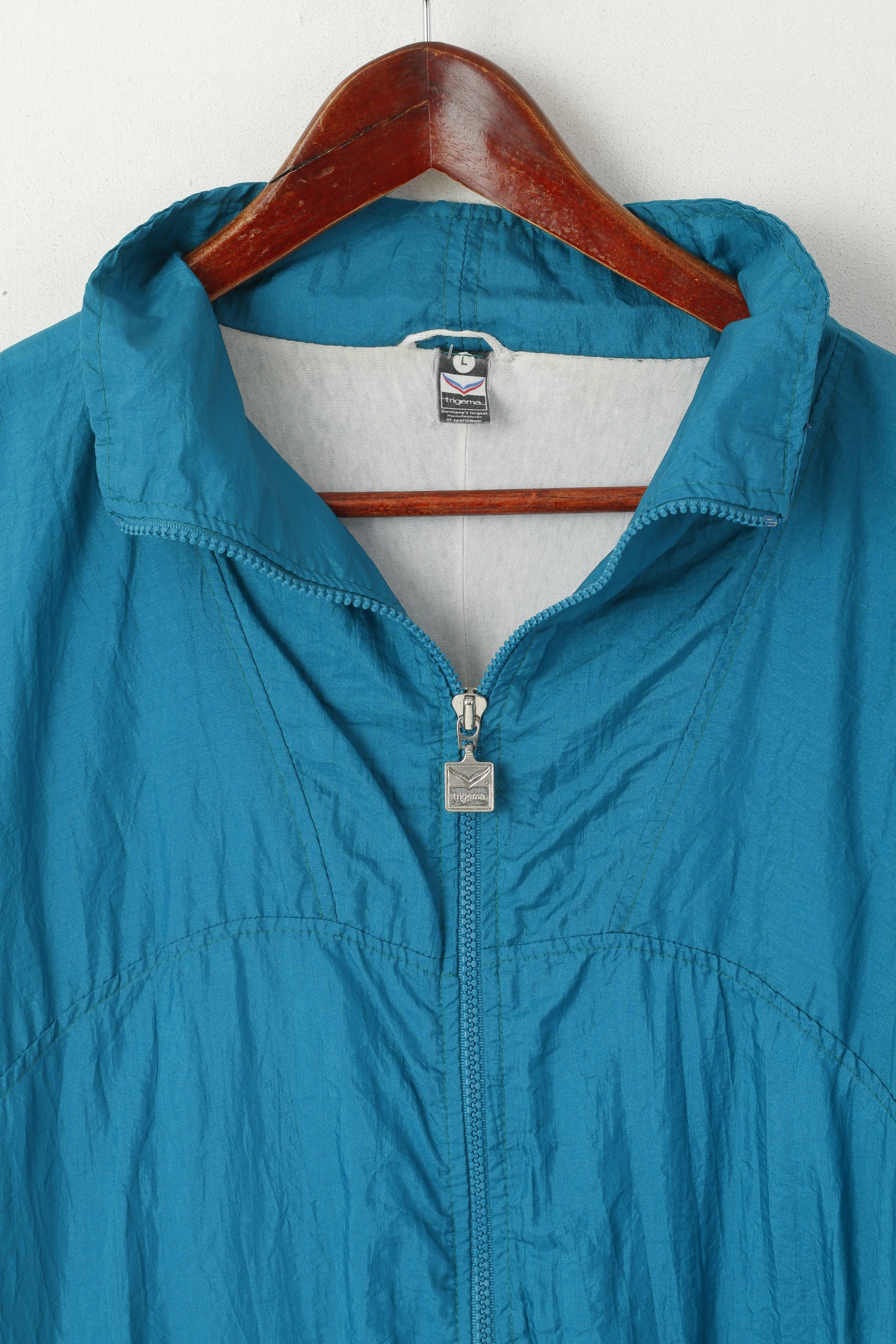 Trigema Giacca da uomo L Verde mare Vintage Shiny Nylon Sportswear Full Zip Track Top