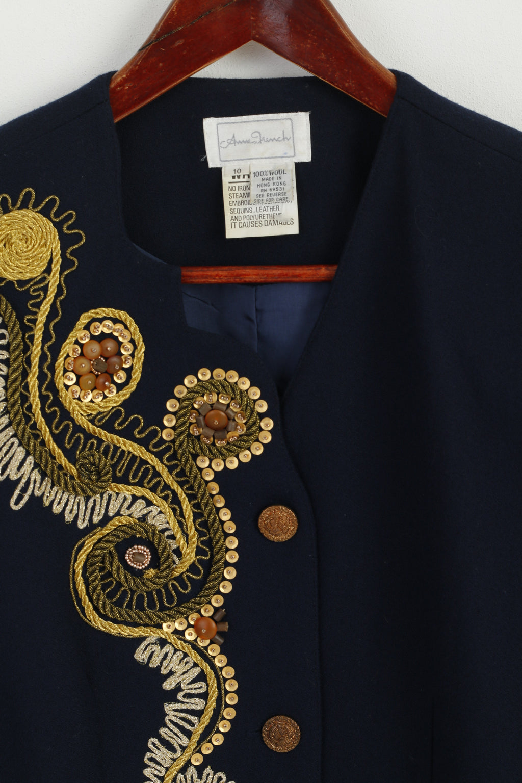 Anne French Women 10 S Blazer Blu 100% lana Giacca vintage con perline anni '90