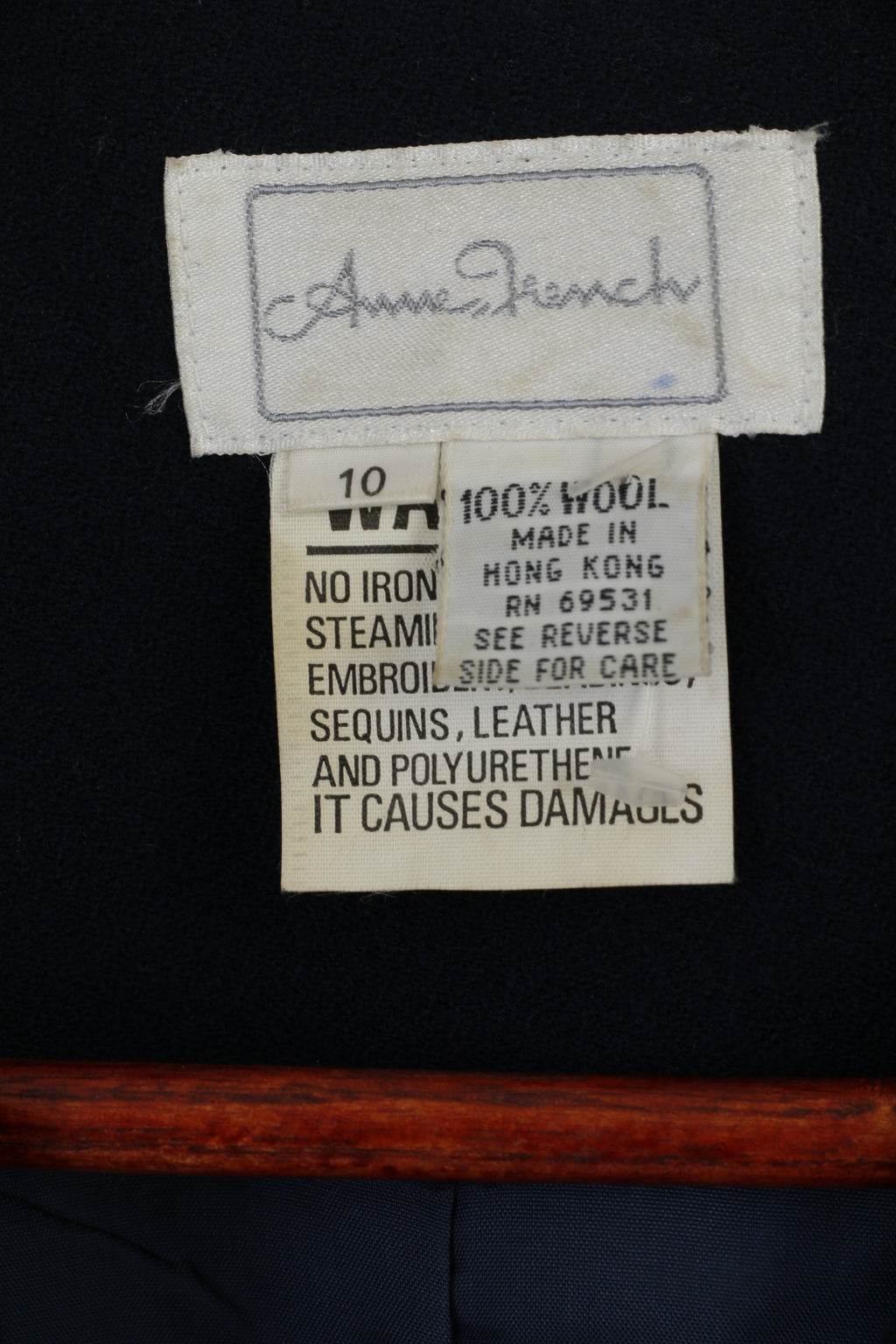 Anne French Women 10 S Blazer Blu 100% lana Giacca vintage con perline anni '90