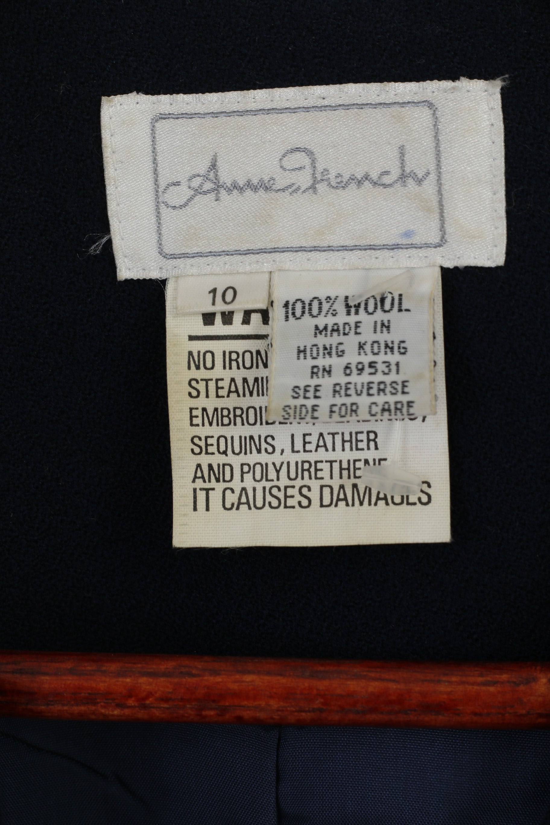 Anne French Women 10 S Blazer Blu 100% lana Giacca vintage con perline anni '90