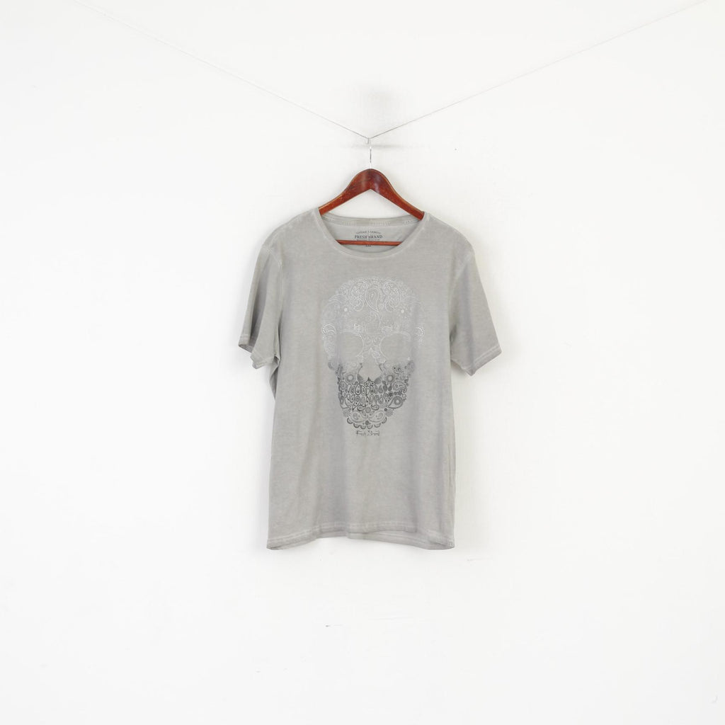 Camicia XXL da uomo di marca fresca Top girocollo elasticizzato con teschio grafico in cotone grigio