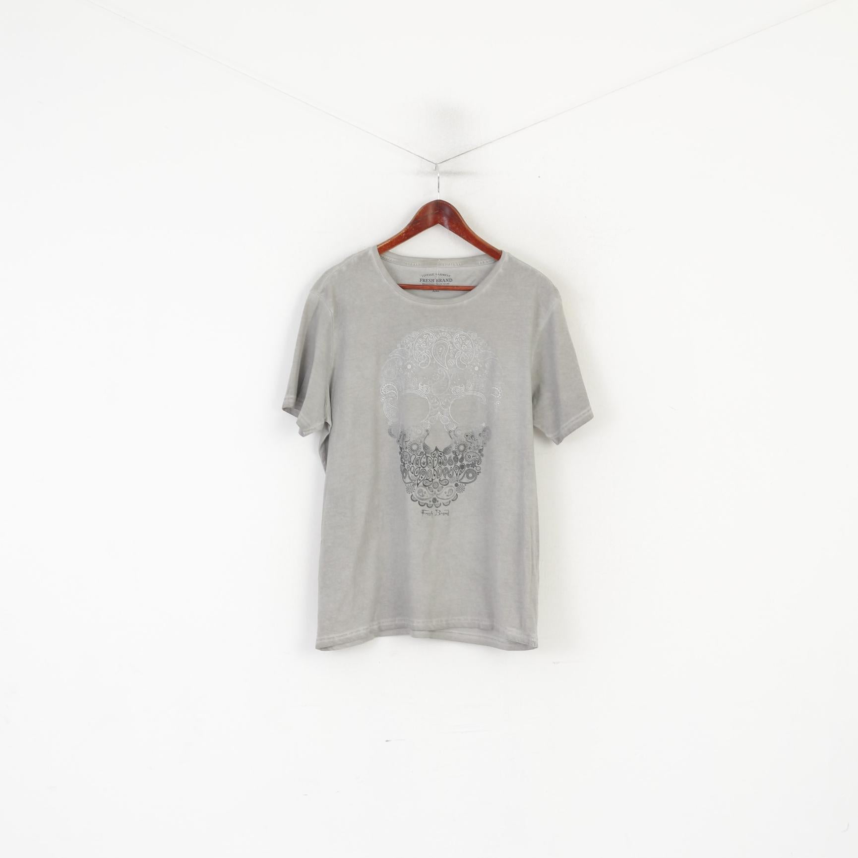 Camicia XXL da uomo di marca fresca Top girocollo elasticizzato con teschio grafico in cotone grigio