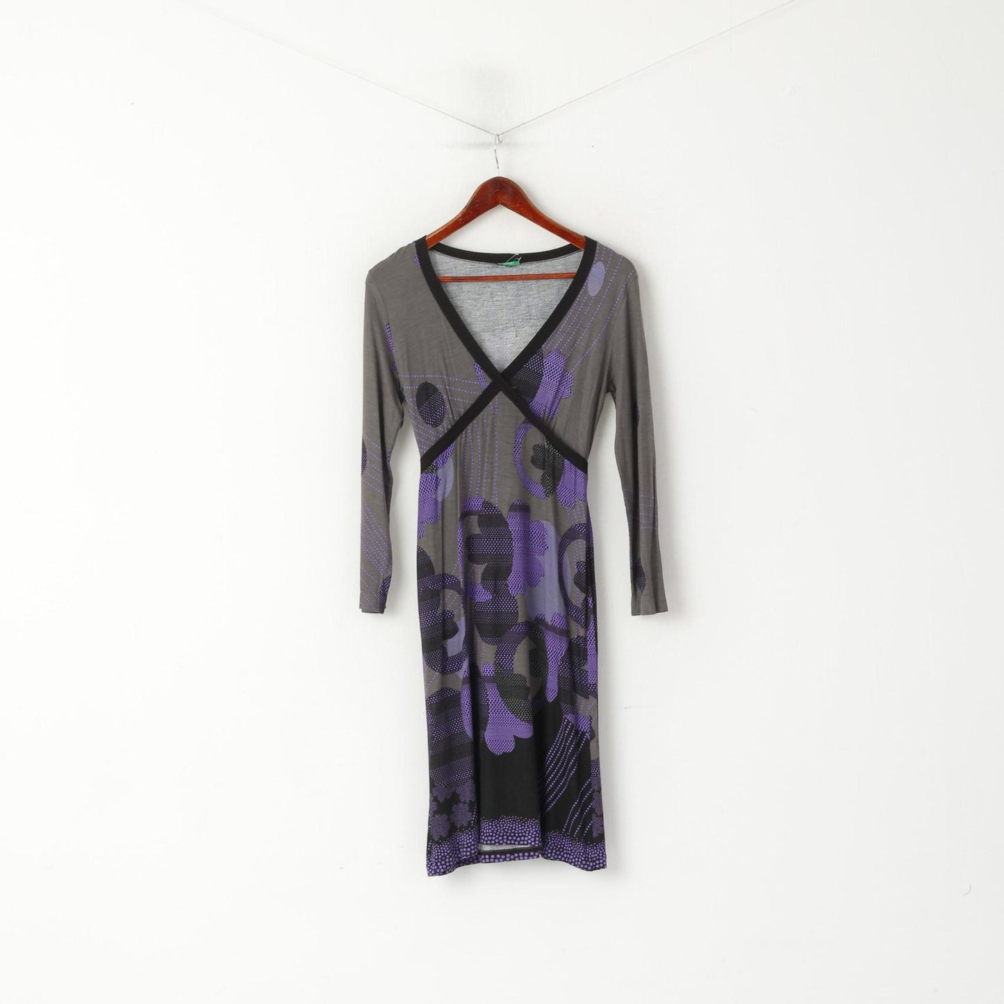 United Colors Of Benetton Women XS Midi Dress Gray Purple Floral Print V Neck Long Sleeve