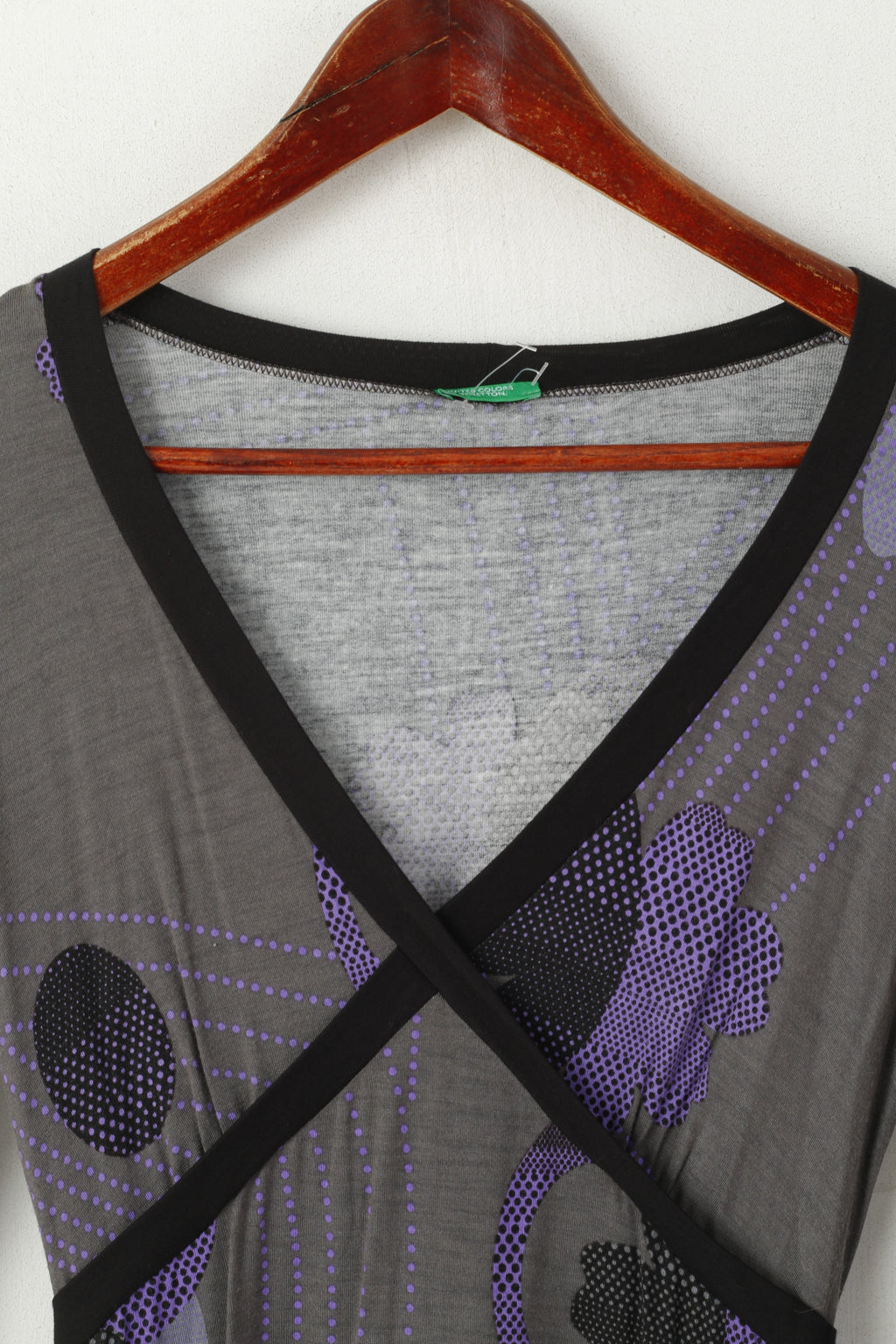 United Colors Of Benetton Women XS Midi Dress Gray Purple Floral Print V Neck Long Sleeve