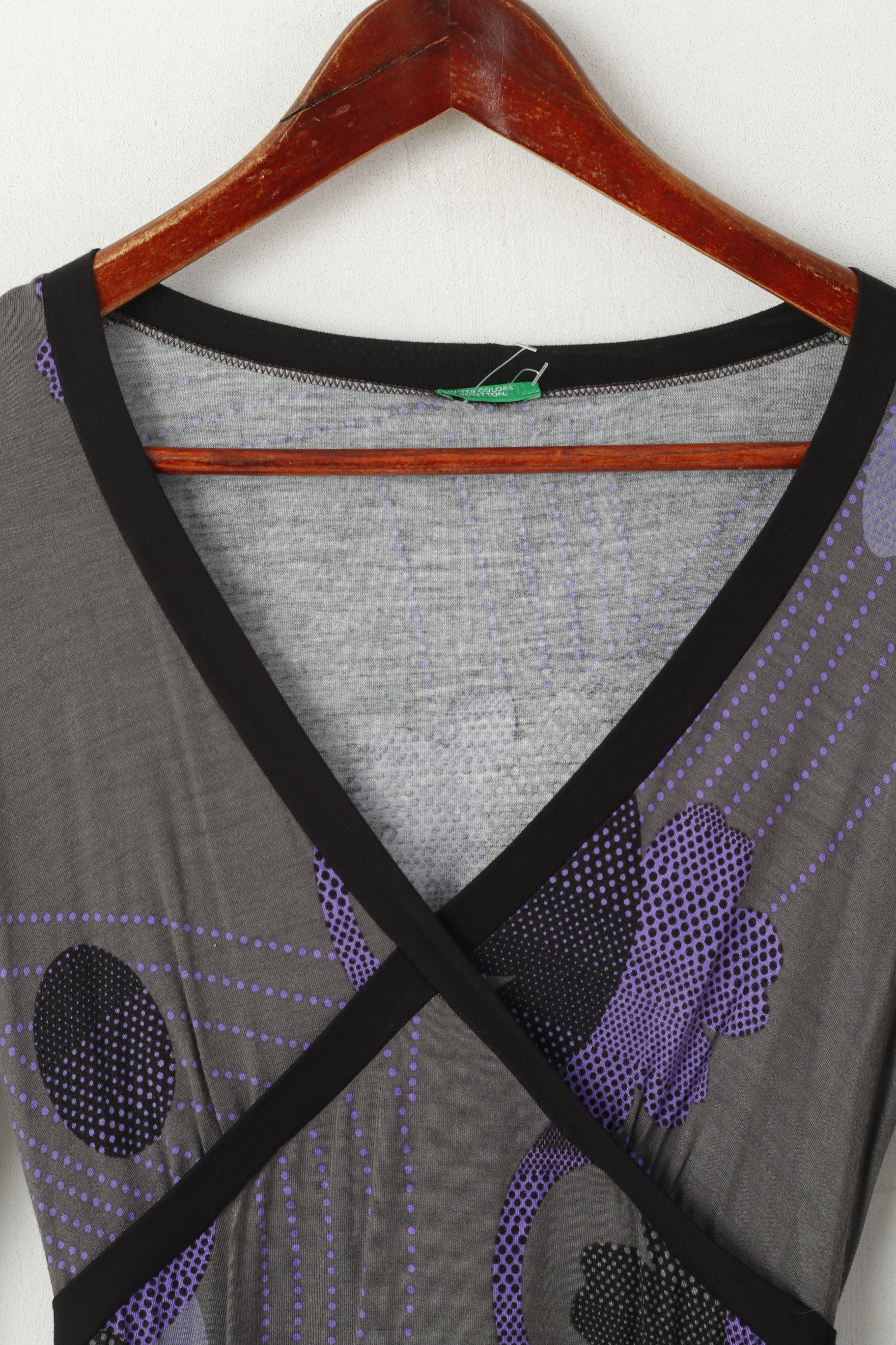 United Colors Of Benetton Women XS Midi Dress Gray Purple Floral Print V Neck Long Sleeve