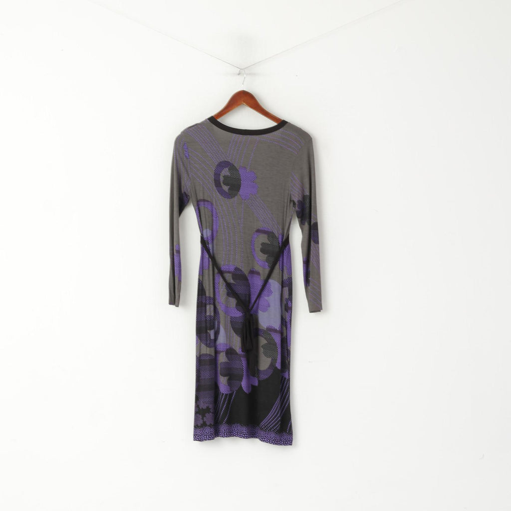 United Colors Of Benetton Women XS Midi Dress Gray Purple Floral Print V Neck Long Sleeve