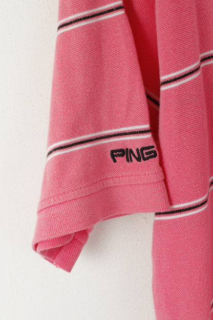 PING Collection Men L Polo Shirt Pink Cotton Striped Detailed Buttons Sport Top