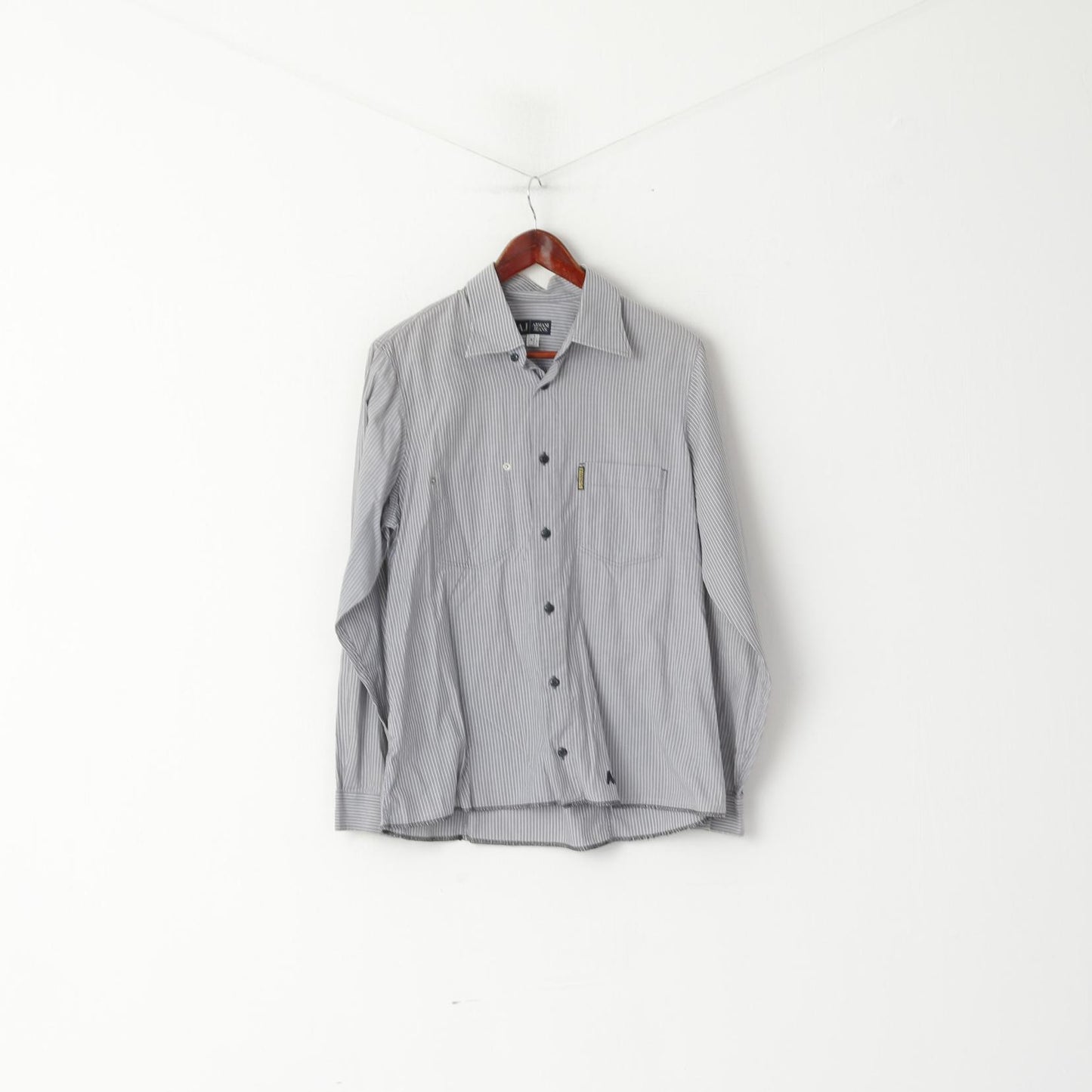 Armani Jeans Uomo M (S) Camicia casual Top in cotone a maniche lunghe a righe grigie con logo
