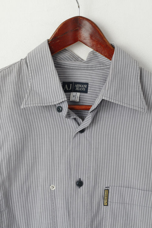 Armani Jeans Hommes M (S) Chemise décontractée Gris Rayé Coton Manches Longues Logo Haut