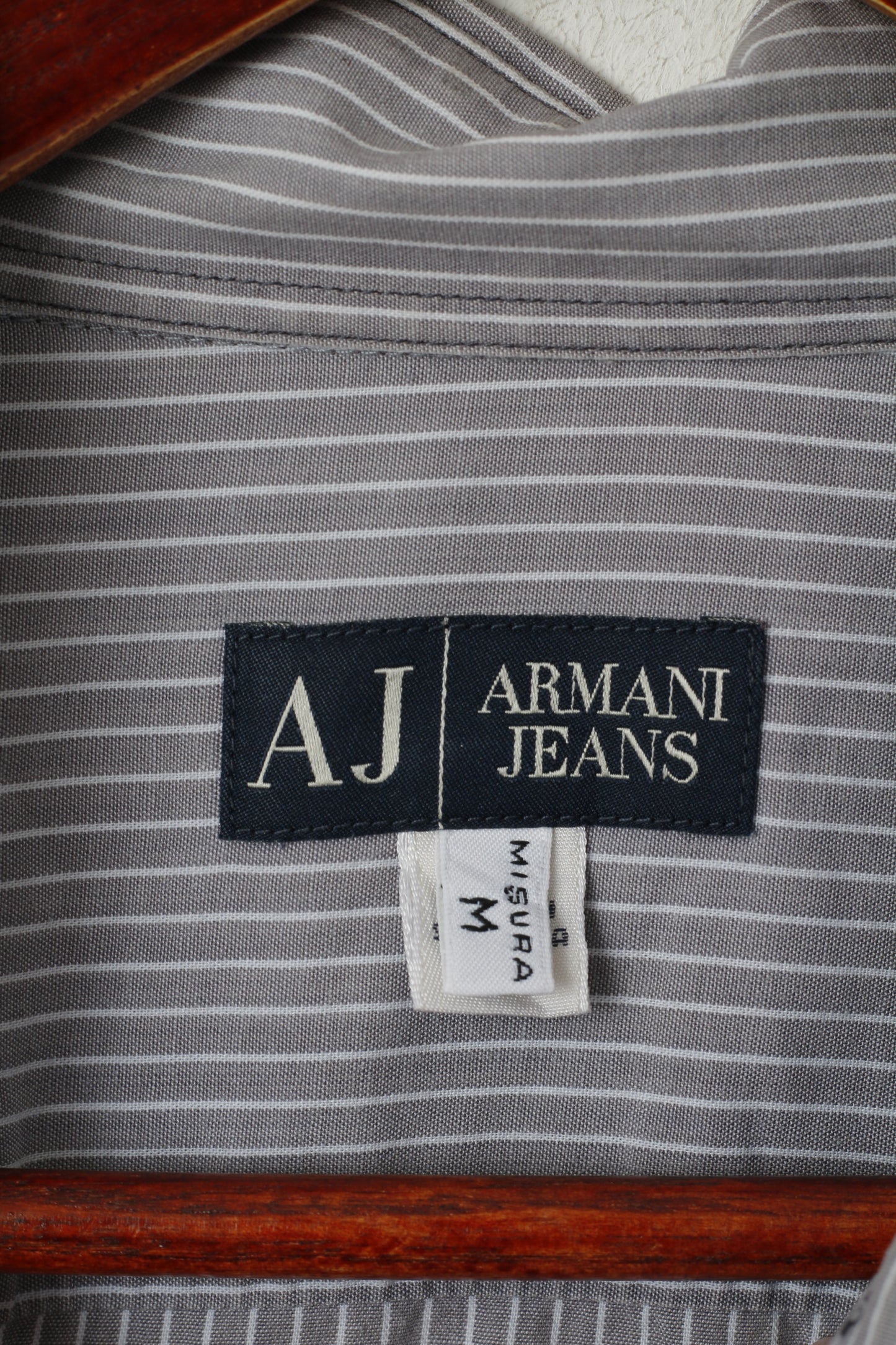 Armani Jeans Hommes M (S) Chemise décontractée Gris Rayé Coton Manches Longues Logo Haut