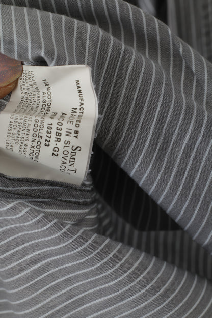 Armani Jeans Hommes M (S) Chemise décontractée Gris Rayé Coton Manches Longues Logo Haut