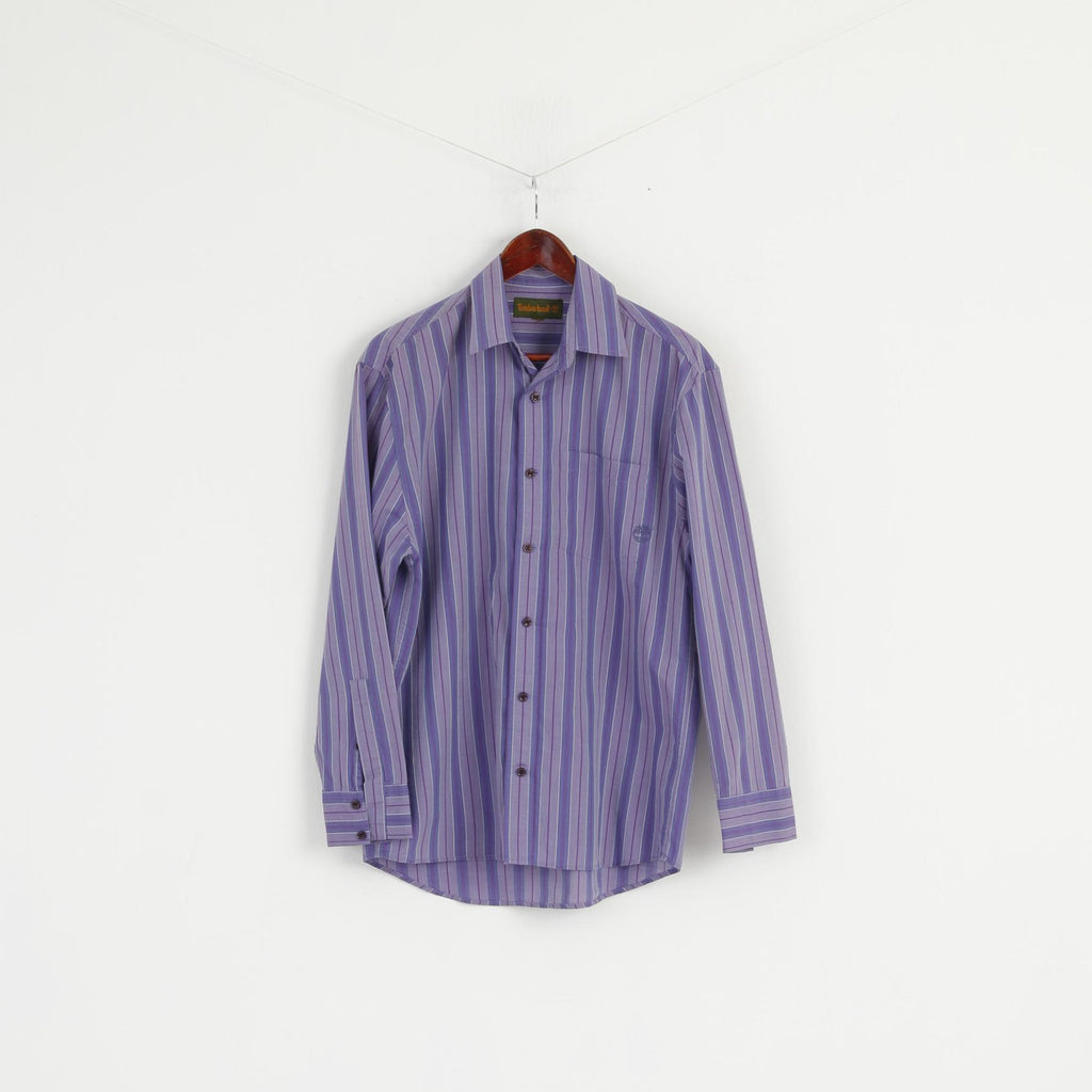 Timberland Men M Casual Shirt Purple Striped Cotton Long Sleeve Classic Top