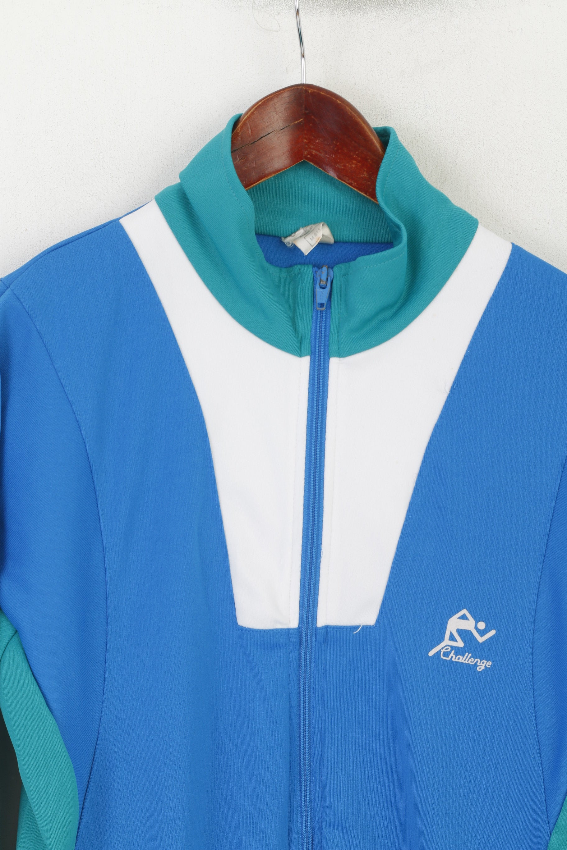 Challenge Men M Sweatshirt Bleu Brillant vintage 90s Full Zipper Sportswear Top