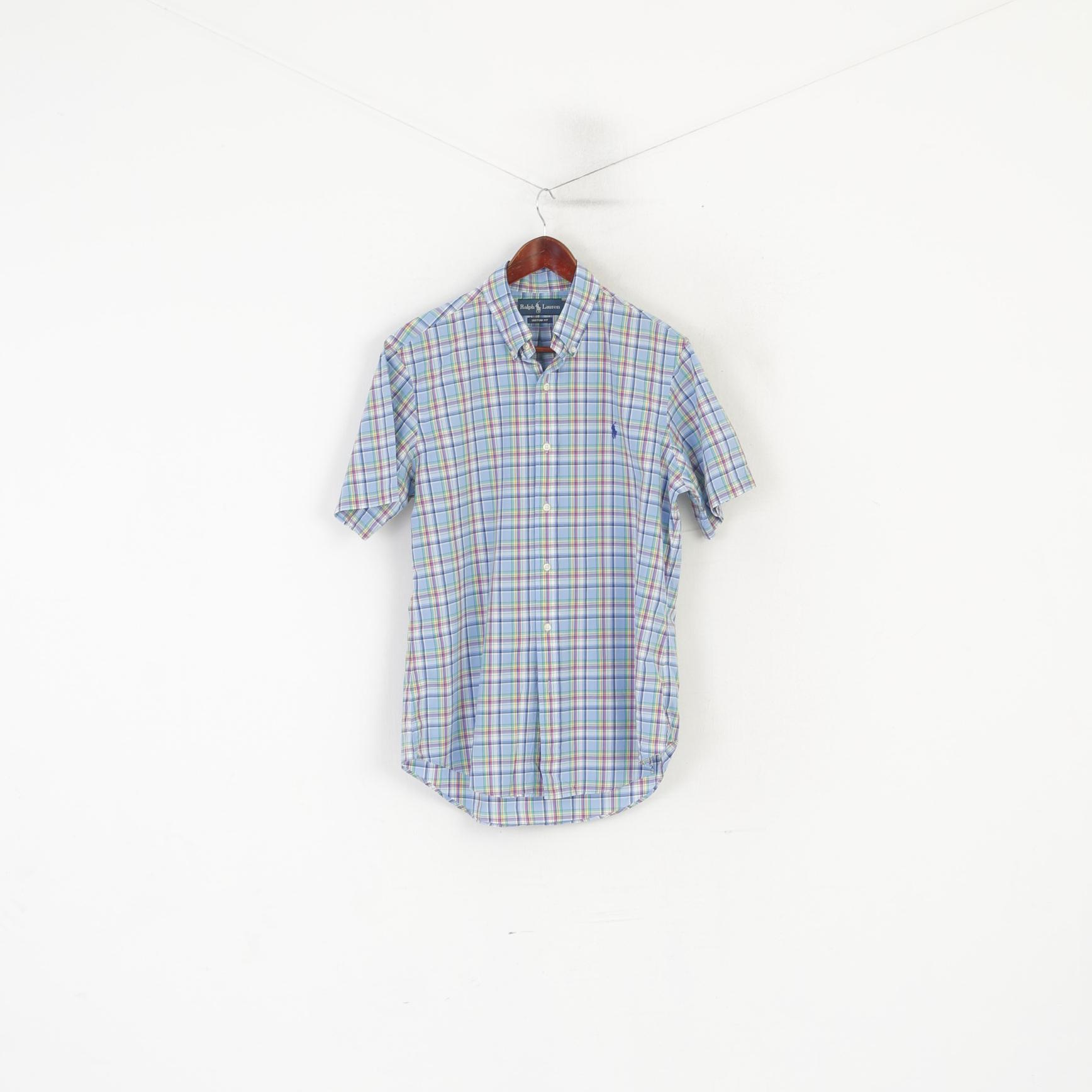 Ralph Lauren Men M Casual Shirt Blue Check Cotton Custom Fit Short Sleeve Top
