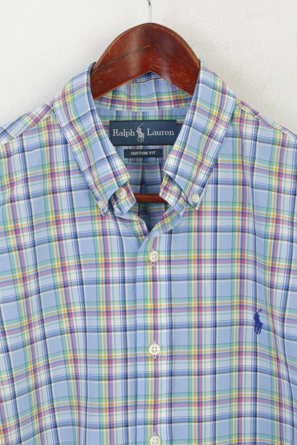 Ralph Lauren Men M Casual Shirt Blue Check Cotton Custom Fit Short Sleeve Top