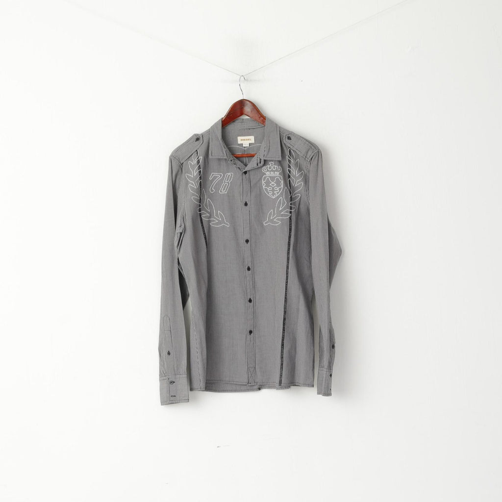 Diesel Mens L Casual Shirt Black White Checkered Cotton Embroidered Slim fit Top