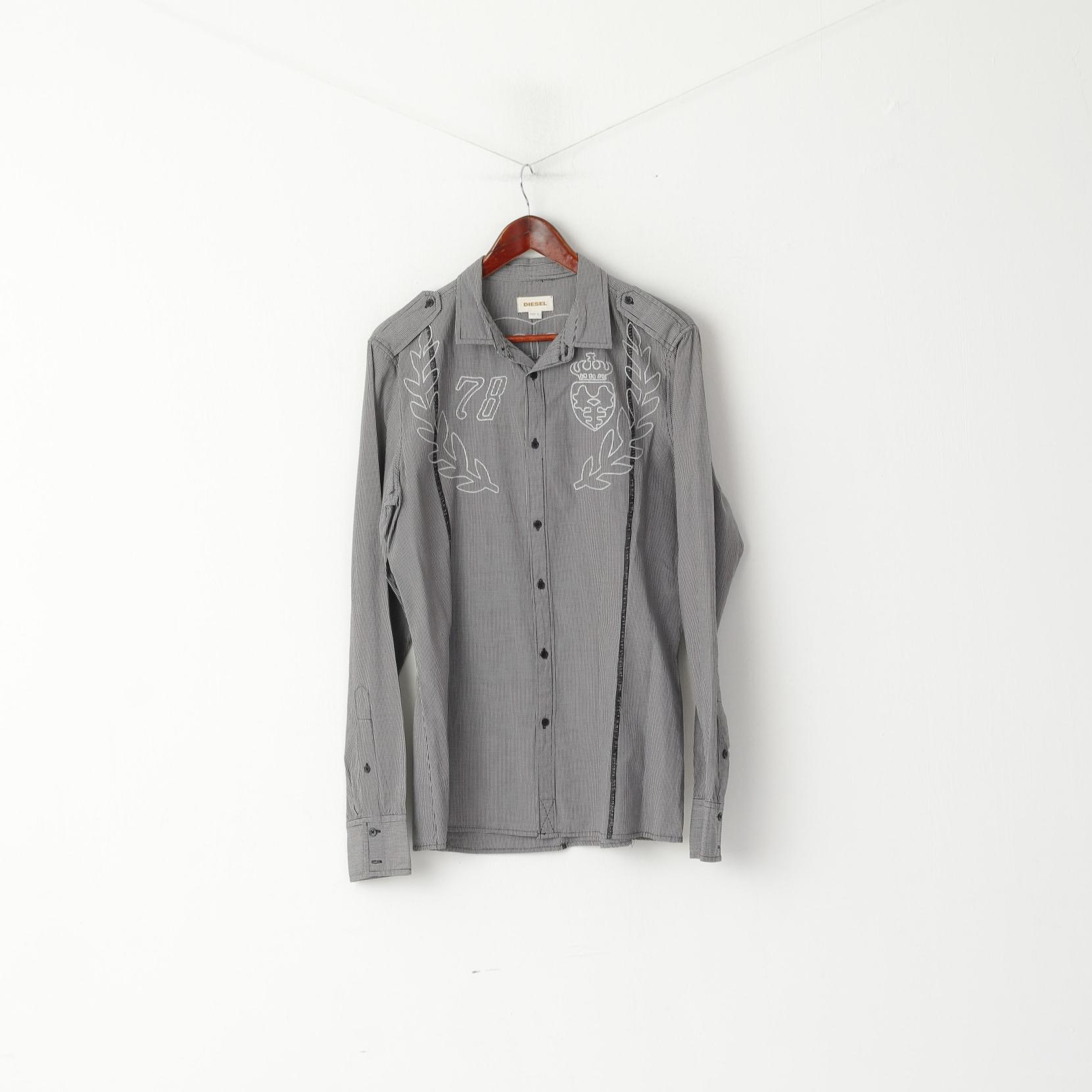 Diesel Mens L Casual Shirt Black White Checkered Cotton Embroidered Slim fit Top