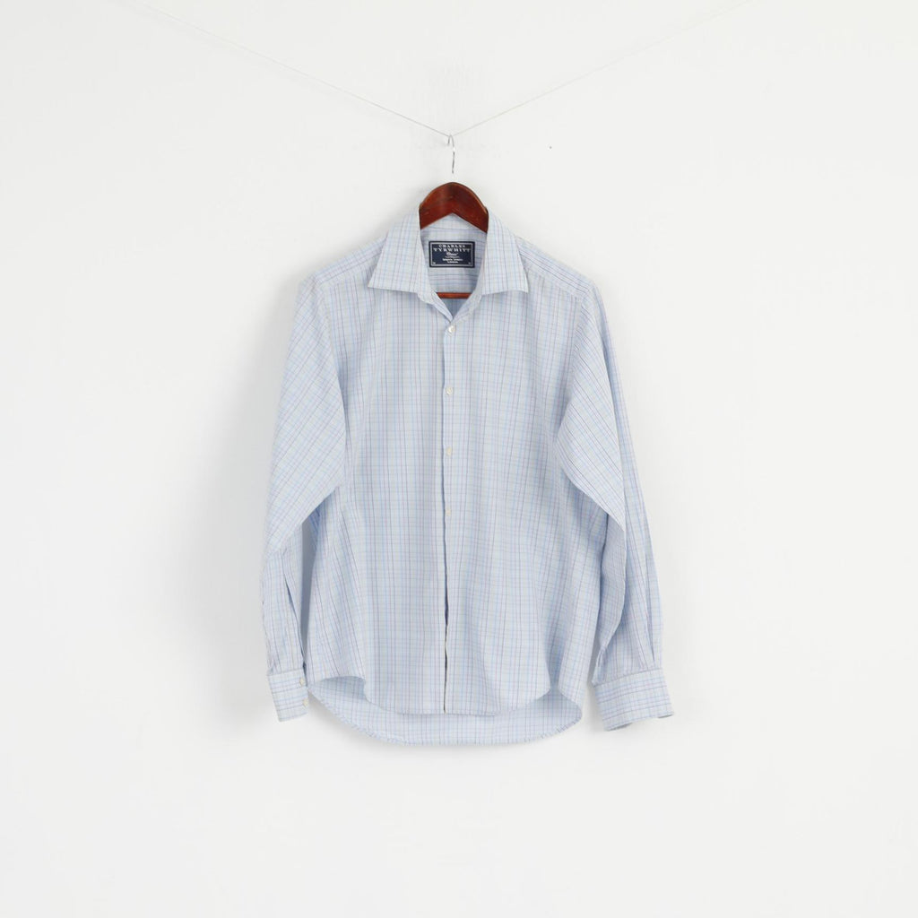 Charles Tyrwhitt Men M Casual Shirt Check Blue Cotton Long Sleeve Top
