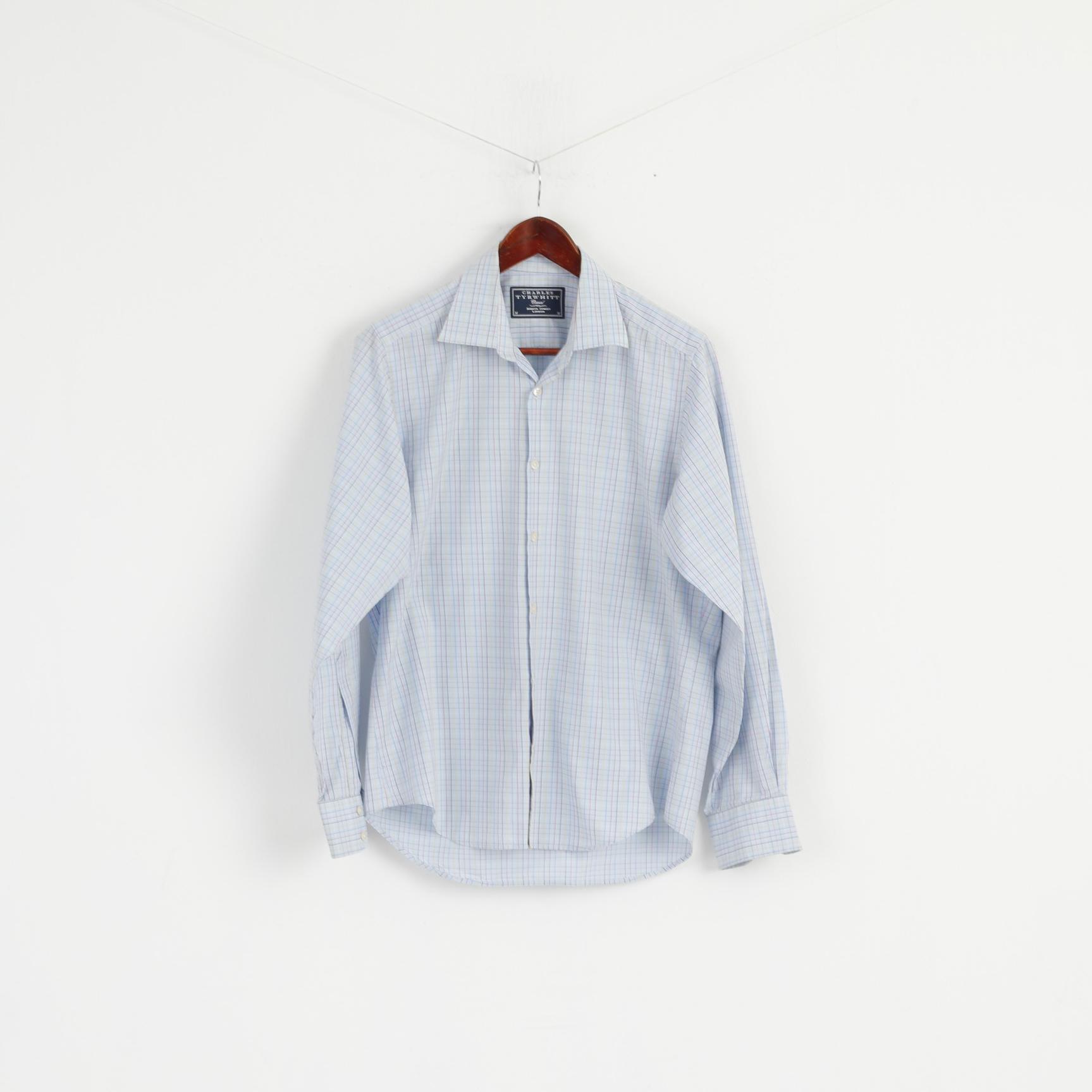 Charles Tyrwhitt Men M Casual Shirt Check Blue Cotton Long Sleeve Top