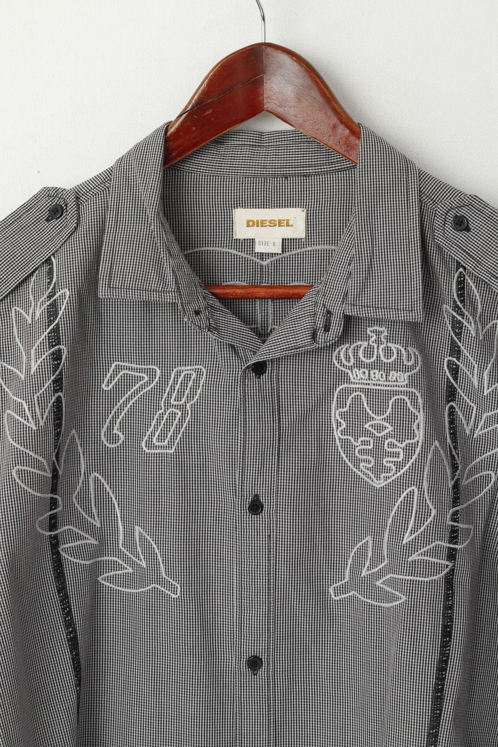 Diesel Mens L Casual Shirt Black White Checkered Cotton Embroidered Slim fit Top