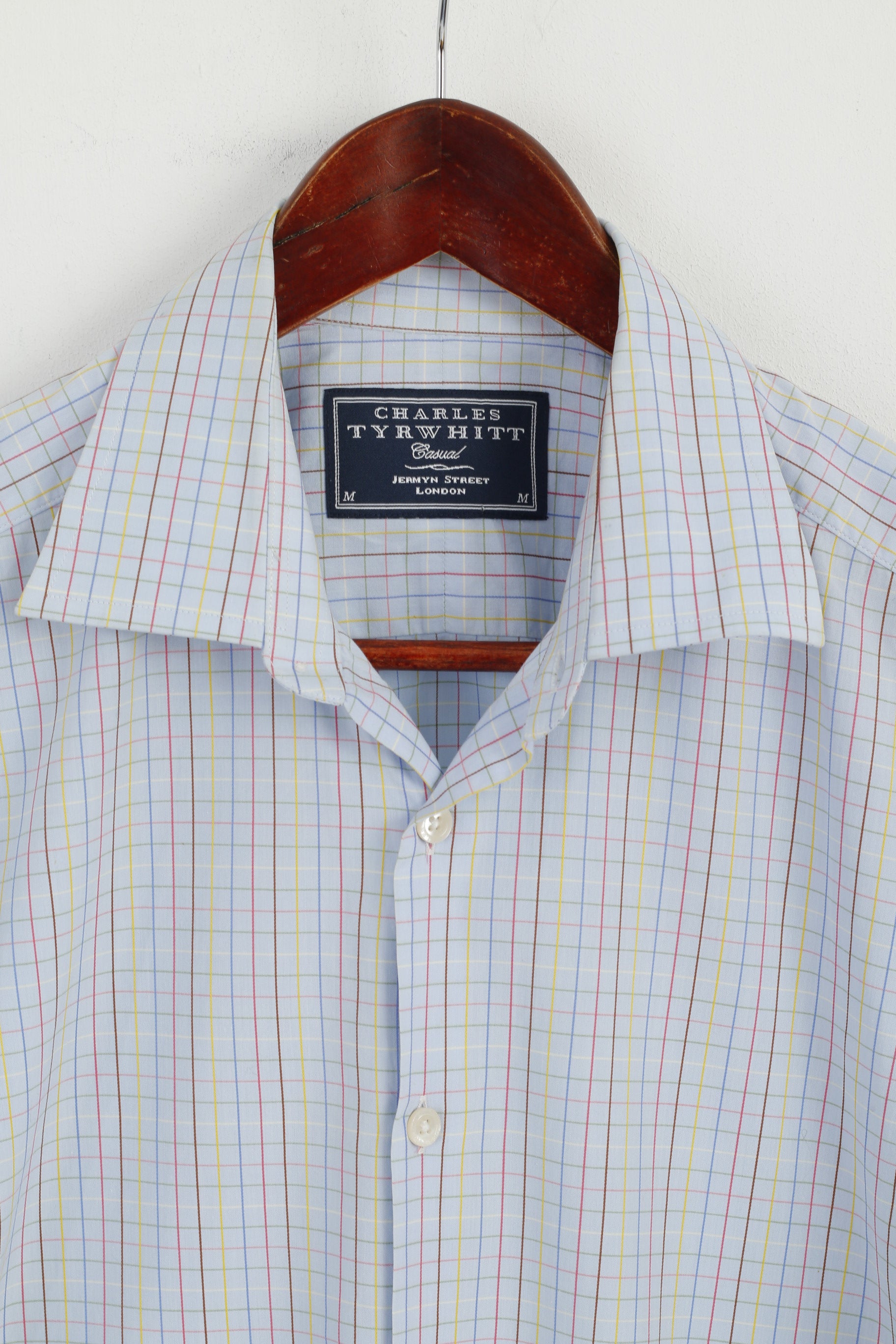 Charles Tyrwhitt Men M Casual Shirt Check Blue Cotton Long Sleeve Top