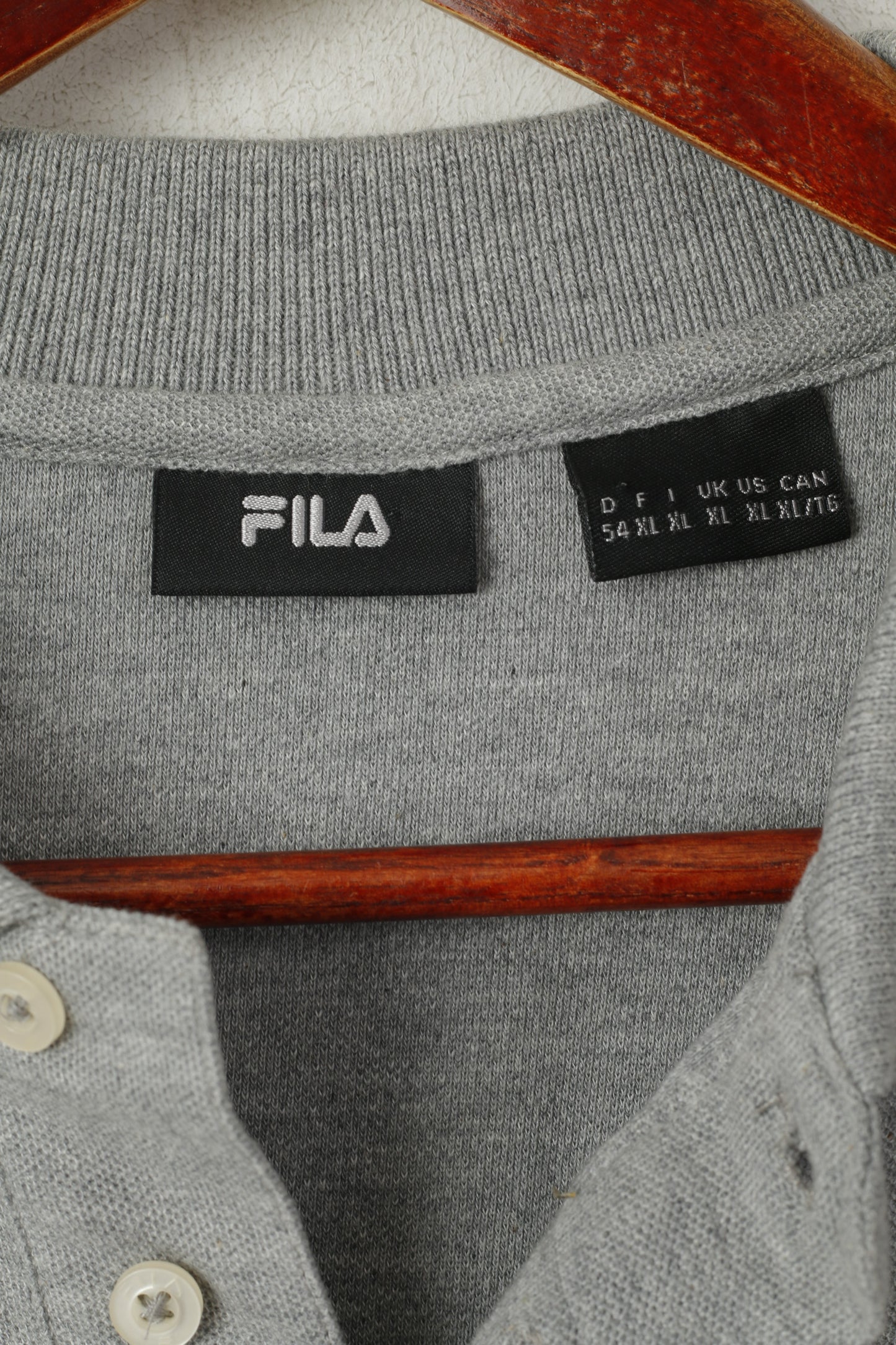 Fila Men XL Polo Shirt Grey Cotton Plain Sportswear Short Sleeve Detailed Buttons Top