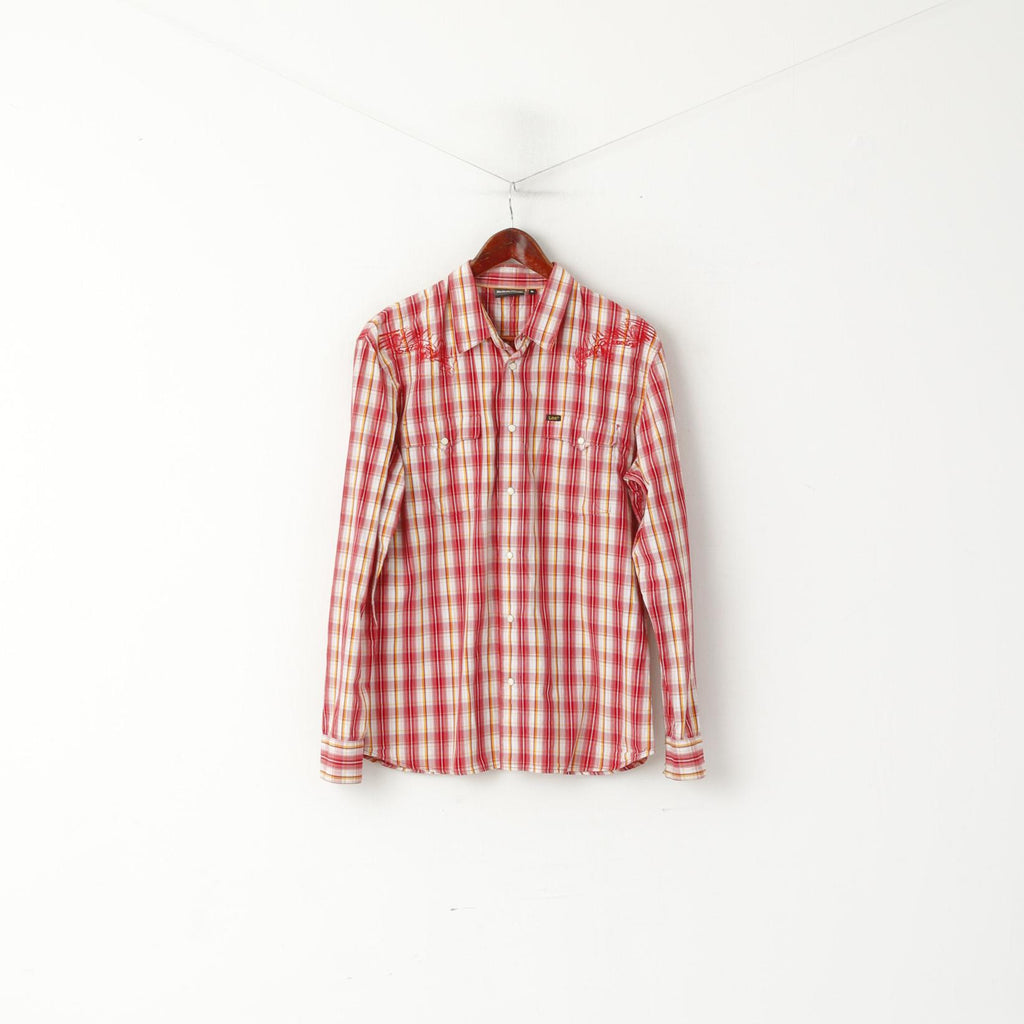 Lee Men XL Casual Shirt Red Cotton Check Popper Buttons Long Sleeve Bull Top