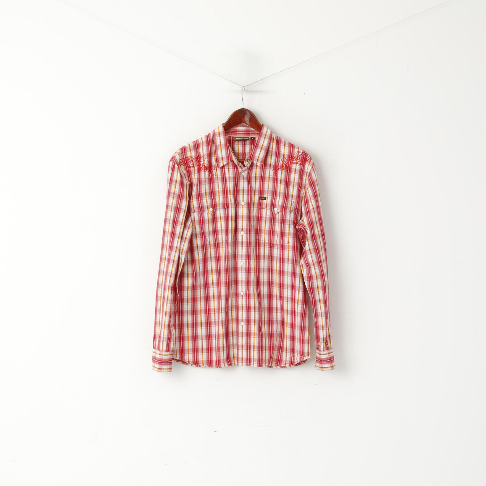 Lee Men XL Casual Shirt Red Cotton Check Popper Buttons Long Sleeve Bull Top