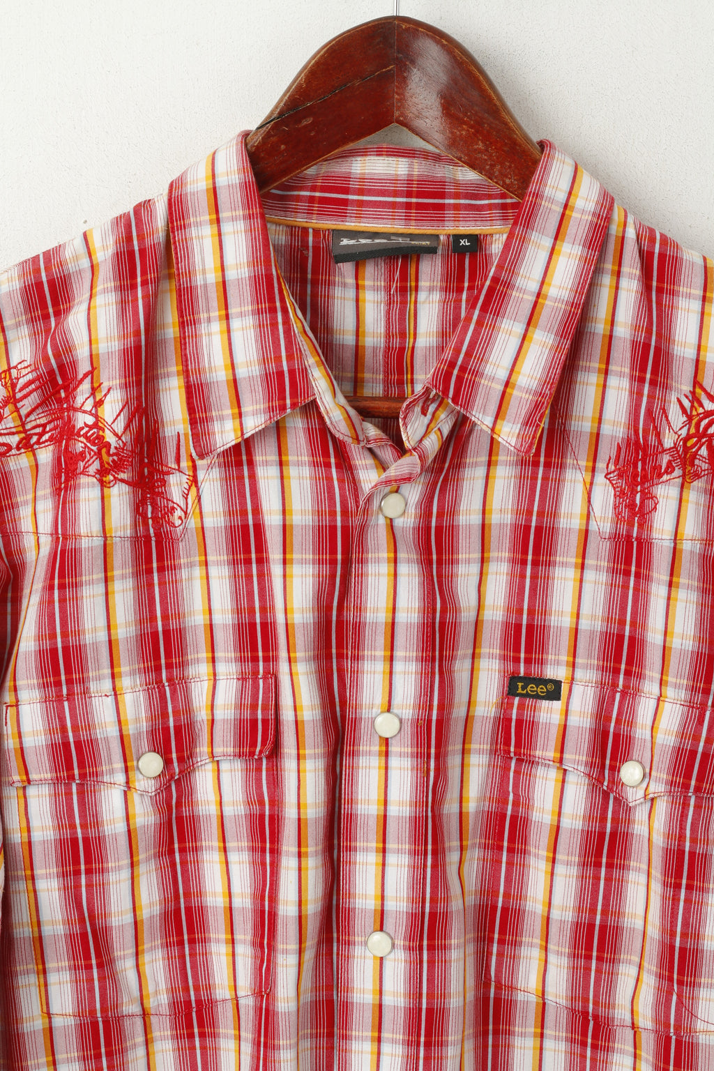 Lee Men XL Casual Shirt Red Cotton Check Popper Buttons Long Sleeve Bull Top