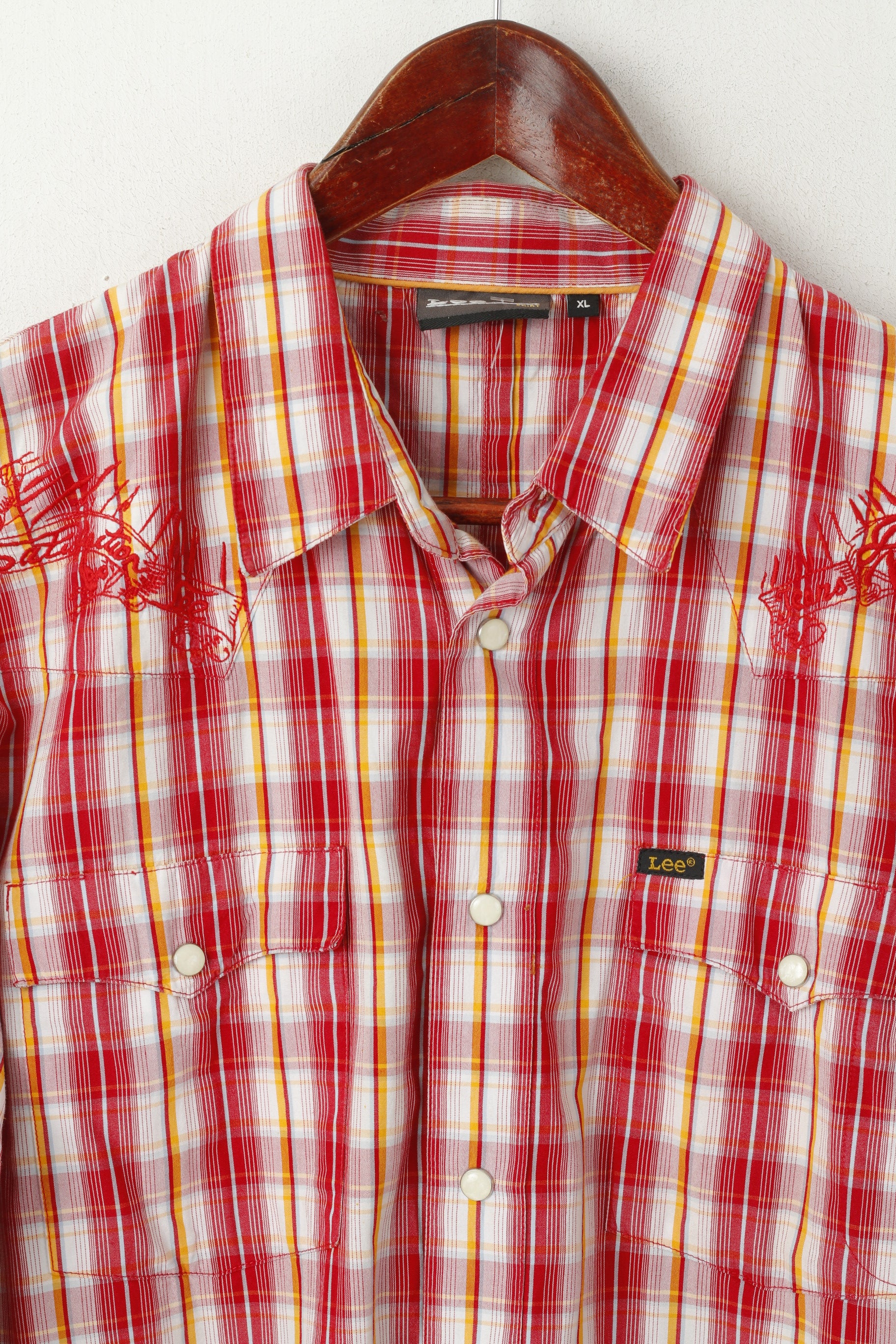 Lee Men XL Casual Shirt Red Cotton Check Popper Buttons Long Sleeve Bull Top