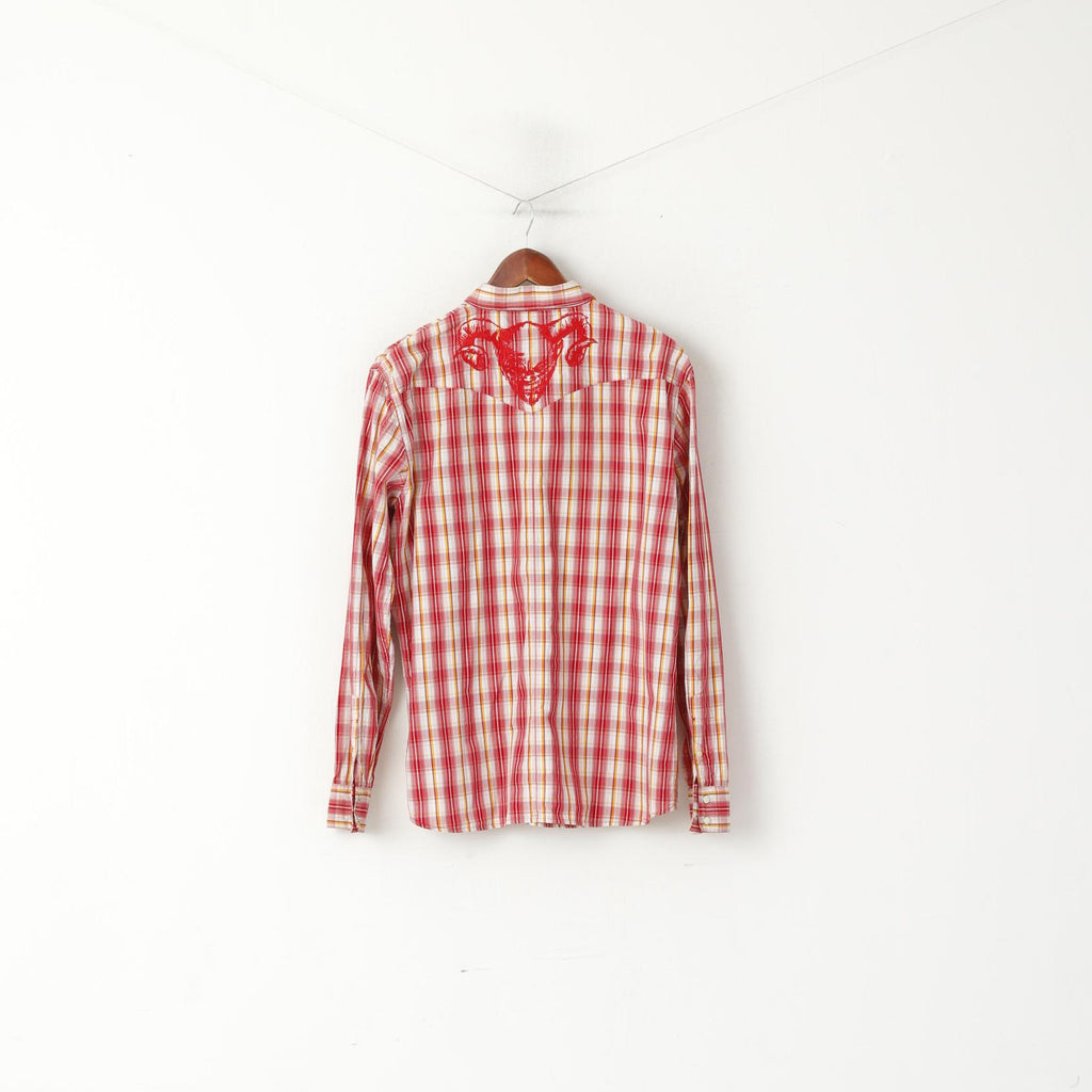 Lee Men XL Casual Shirt Red Cotton Check Popper Buttons Long Sleeve Bull Top