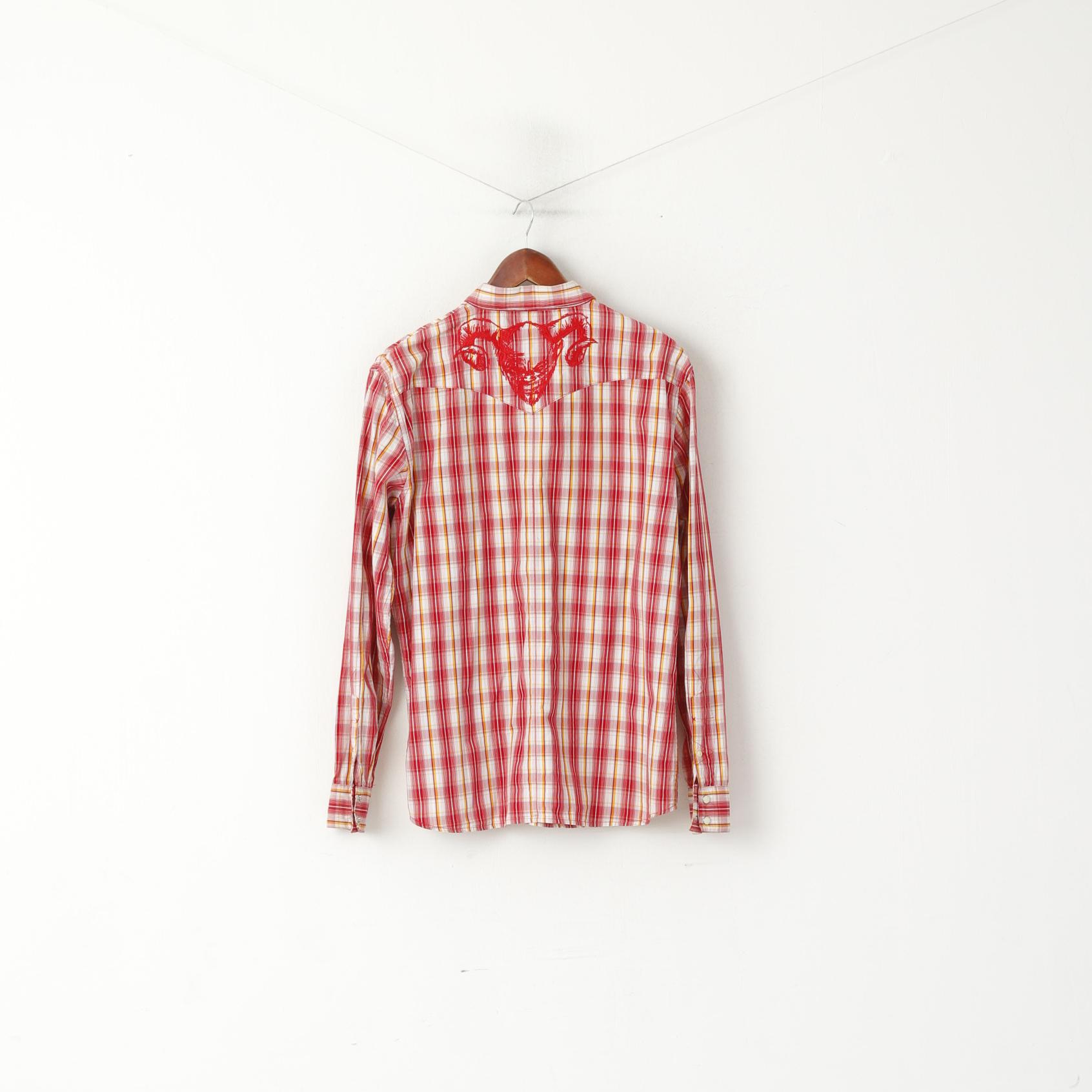 Lee Men XL Casual Shirt Red Cotton Check Popper Buttons Long Sleeve Bull Top