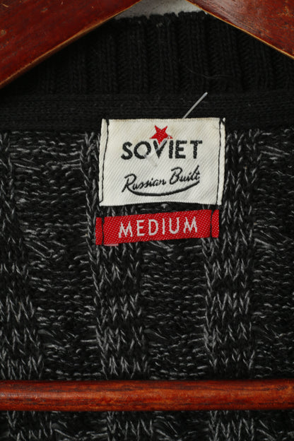 Soviet Men M Jumper Black Knitted Cotton Blend Russian Built Classic Sweater