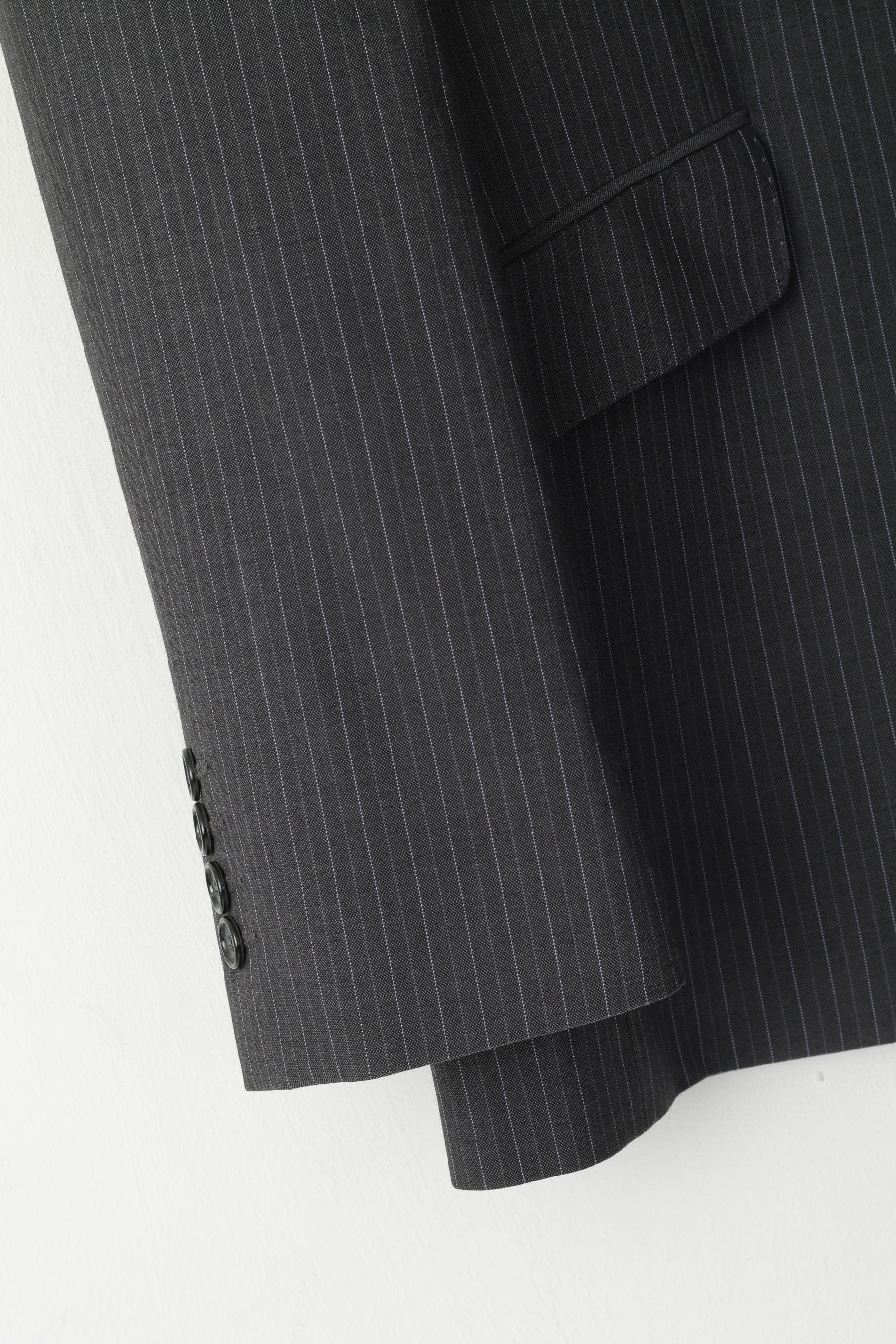 Jaeger Men 40 50 Blazer Graphite Wool Striped Single Breasted Jacket