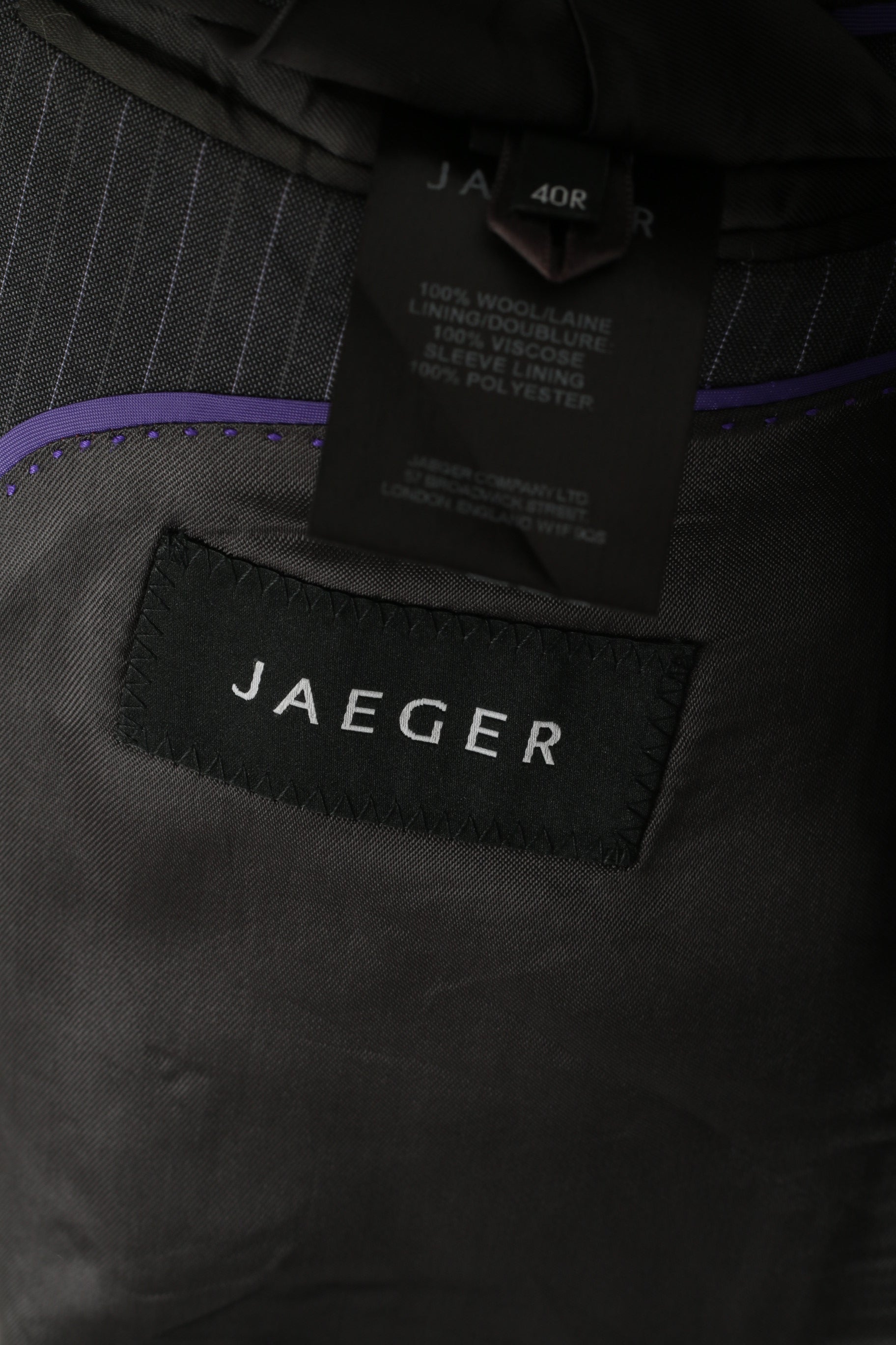 Jaeger Men 40 50 Blazer Graphite Wool Striped Single Breasted Jacket