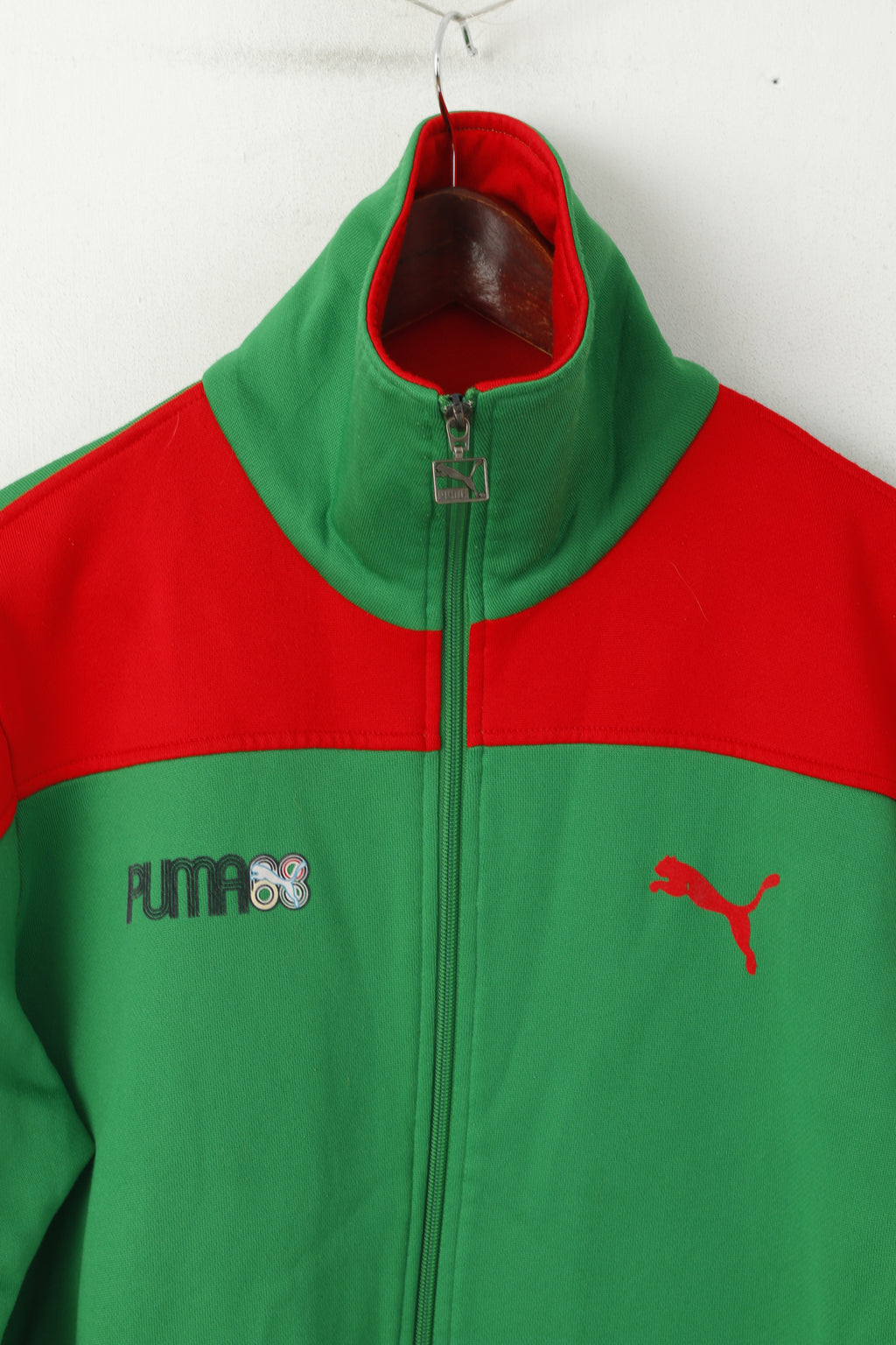 Felpa Puma da uomo L (M) verde rosso vintage Oldschool anni '80 con zip intera, tuta sportiva