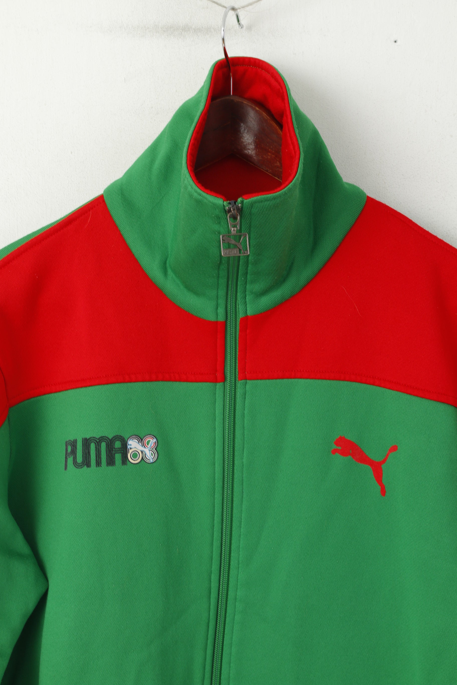Felpa Puma da uomo L (M) verde rosso vintage Oldschool anni '80 con zip intera, tuta sportiva