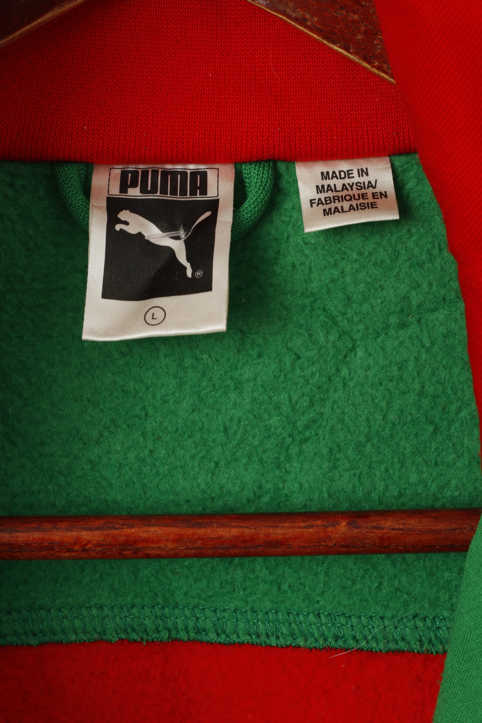Felpa Puma da uomo L (M) verde rosso vintage Oldschool anni '80 con zip intera, tuta sportiva