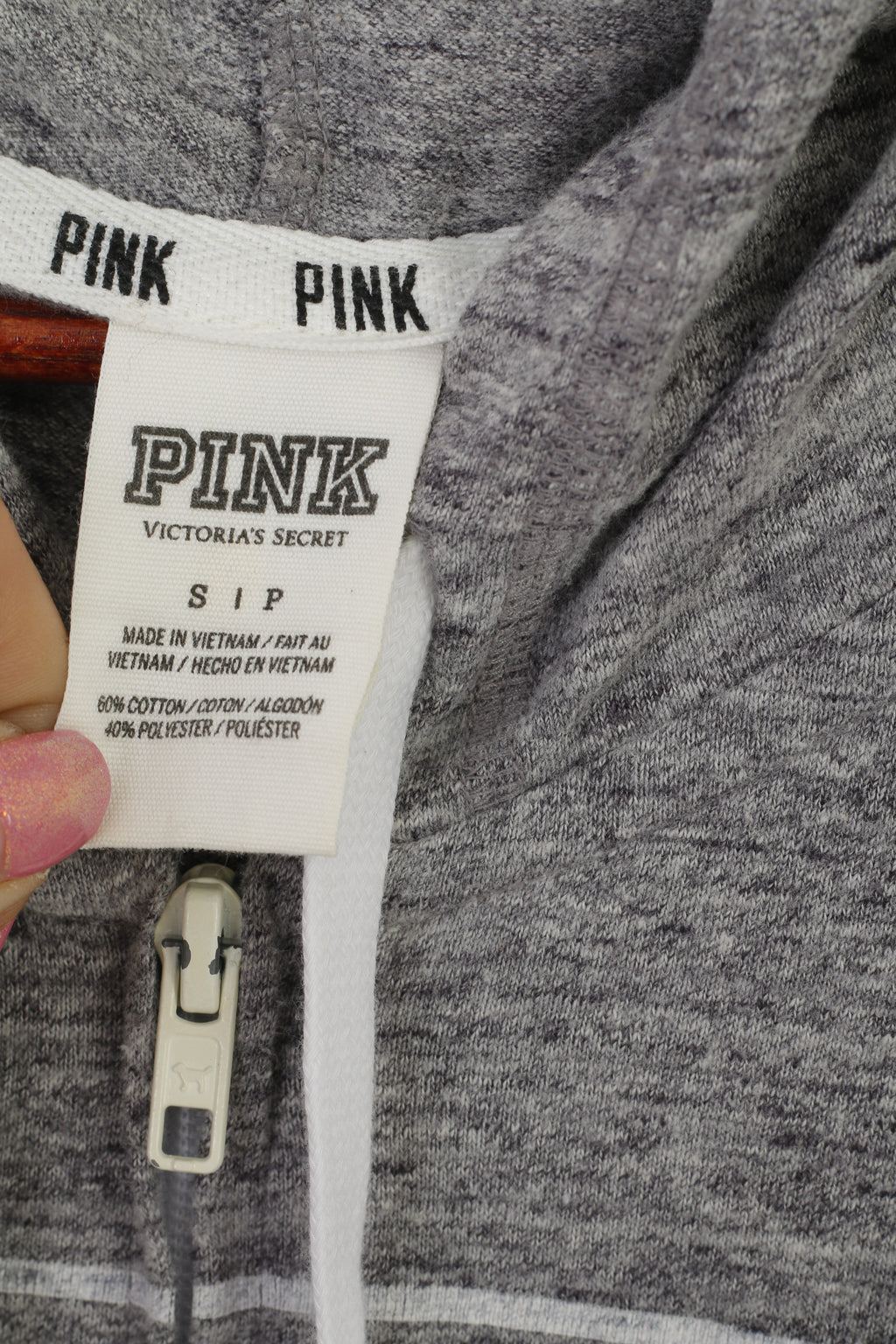 Felpa da donna ROSA Top Victoria's Secret in cotone grigio con zip intera e cappuccio