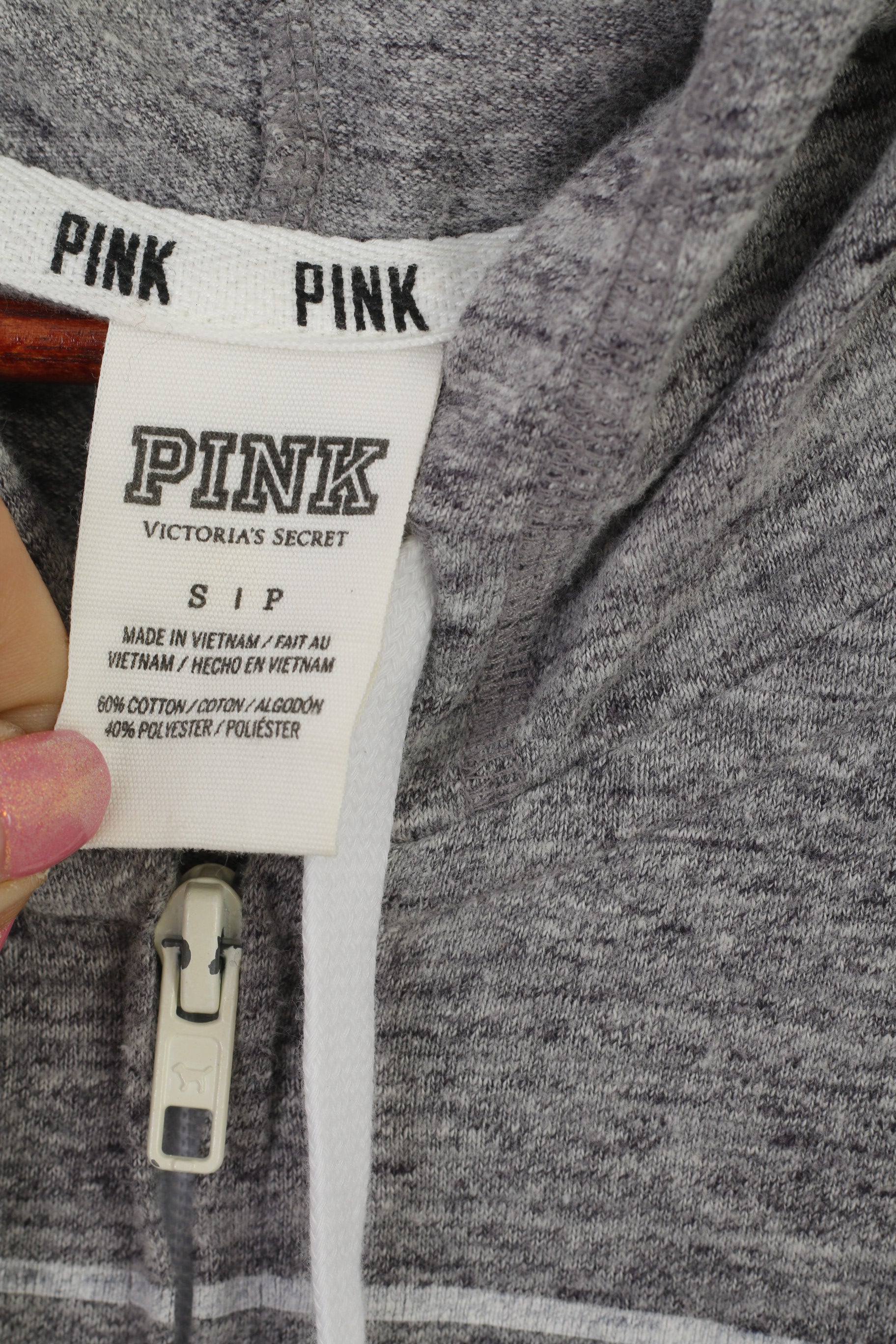 Felpa da donna ROSA Top Victoria's Secret in cotone grigio con zip intera e cappuccio