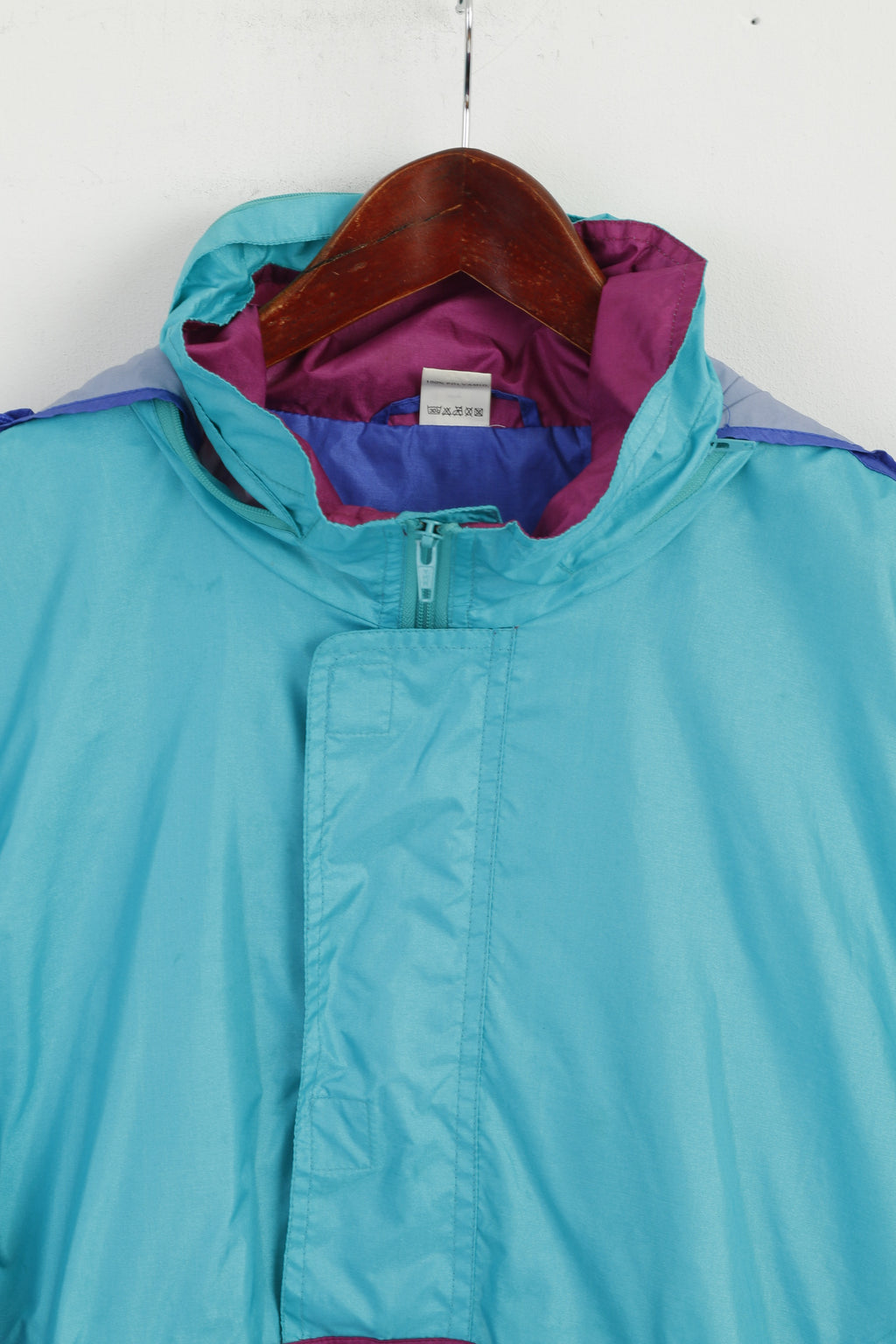 ACCI Men L Rain Jacket Green Shiny Nylon Waterproof Hidden Hood Pullover Festival Top