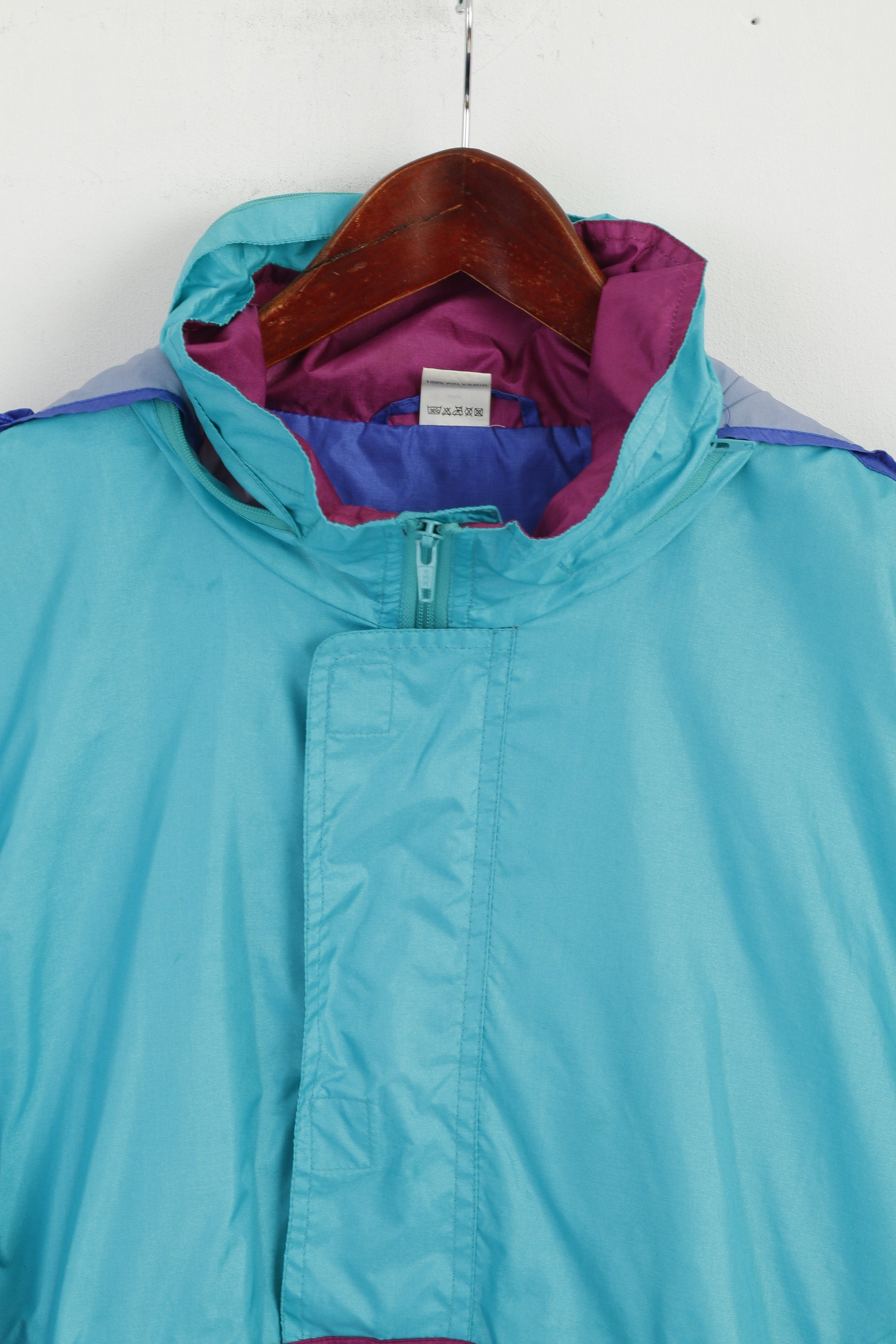 ACCI Men L Rain Jacket Green Shiny Nylon Waterproof Hidden Hood Pullover Festival Top